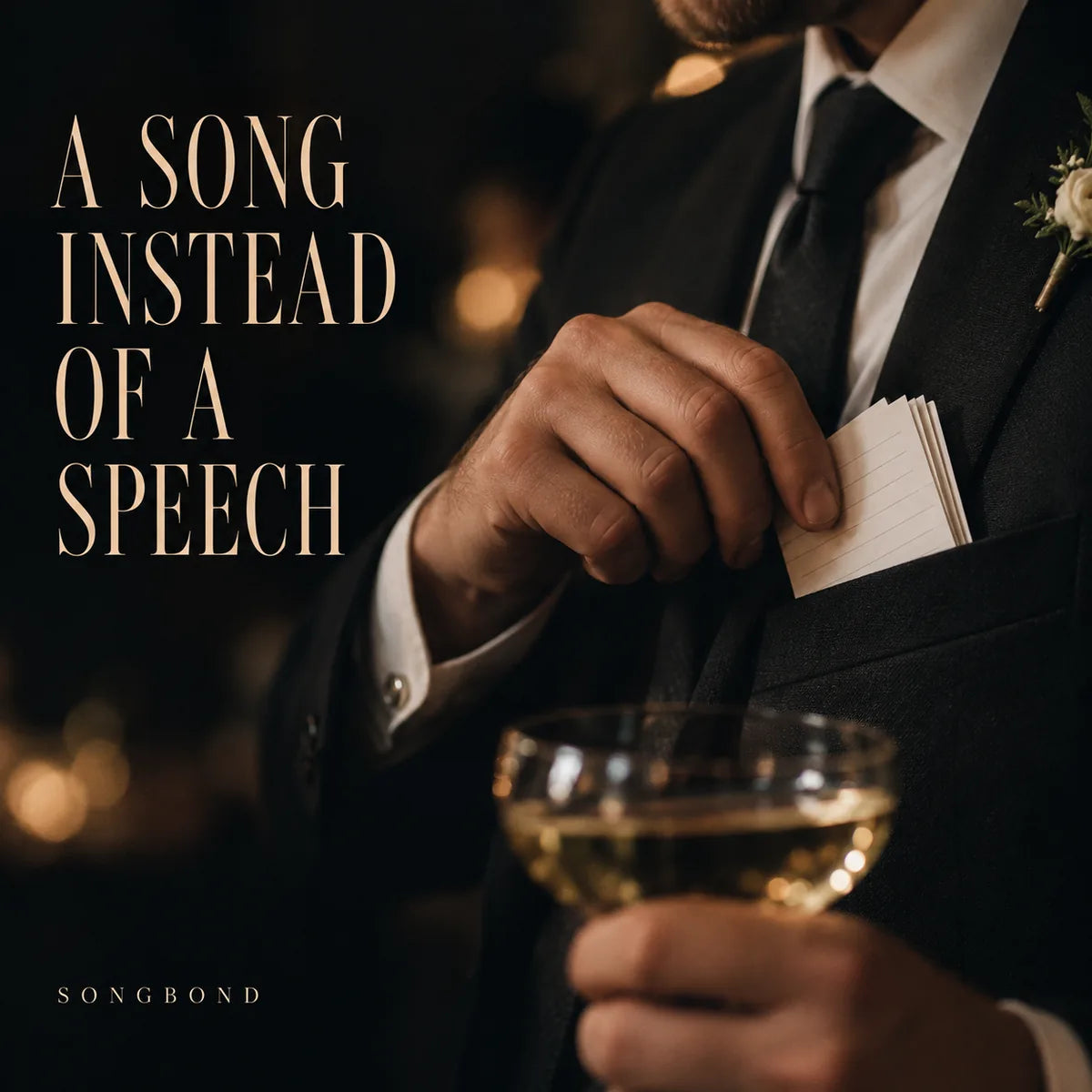 Music single cover for A Song Instead of a Speech by Songbond, showing a suited hand placing index cards in a pocket beside a drinking glass.