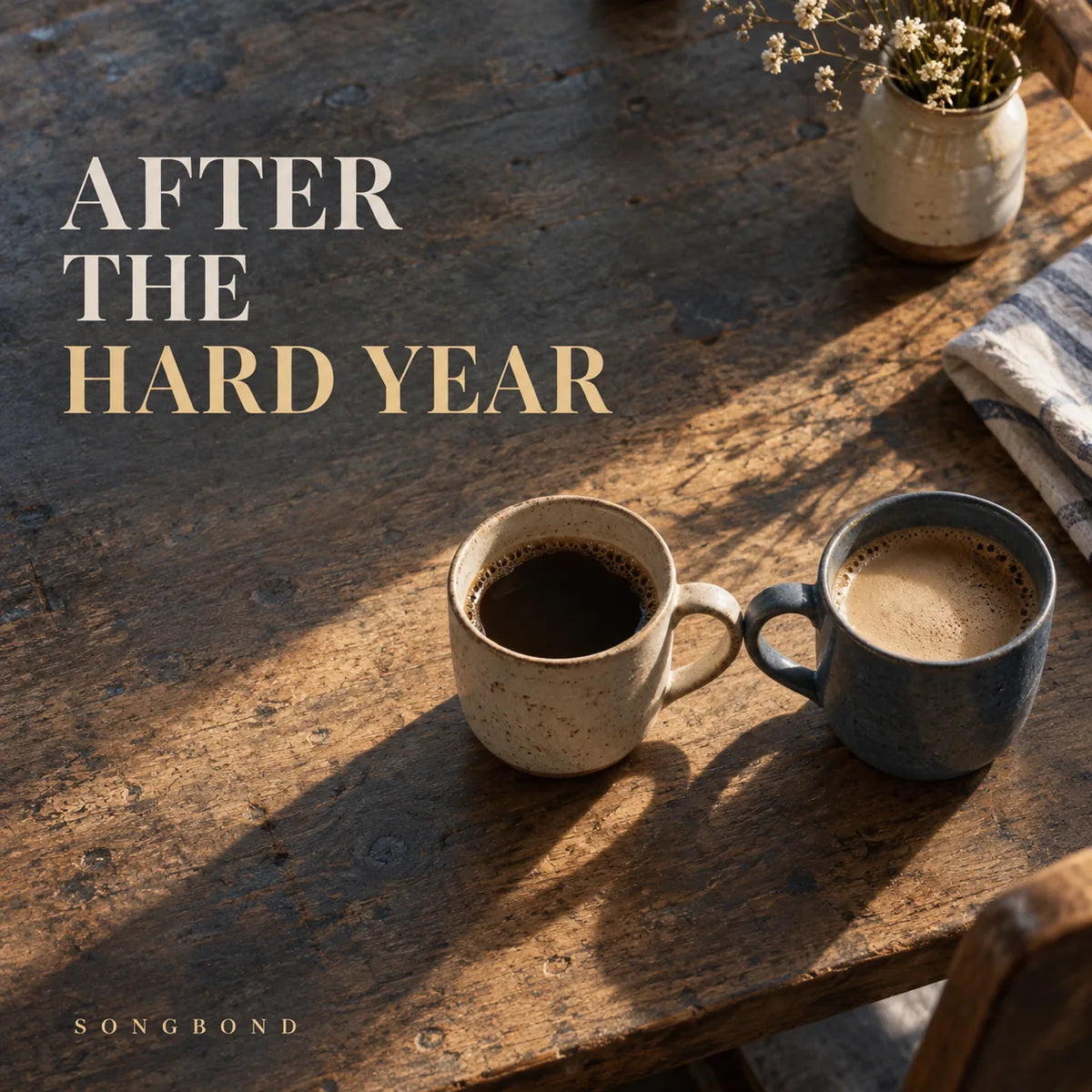 Music single cover for After the Hard Year by Songbond, showing two coffee cups with touching handles on a worn sunlit table.