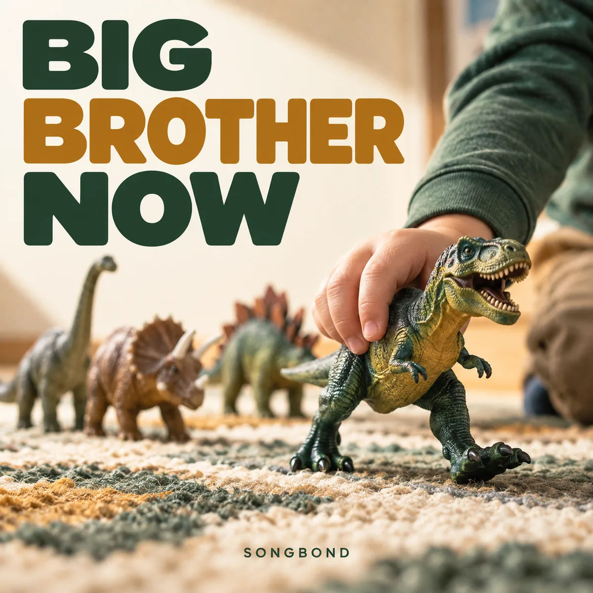 Music single cover showing A child's hand moving a toy dinosaur beneath the title Big Brother Now and artist Songbond.