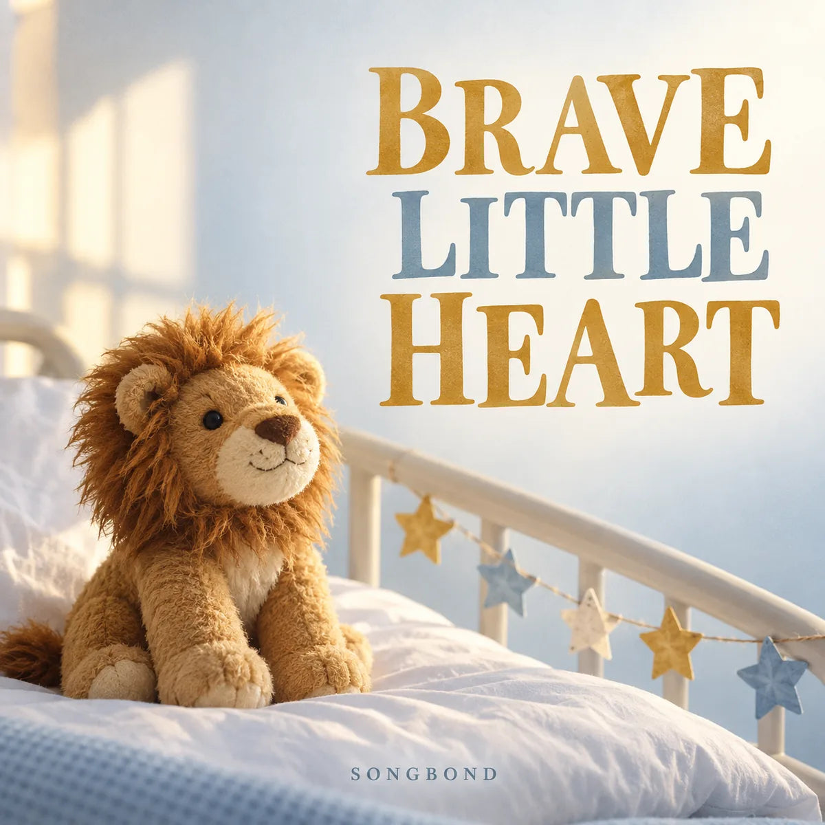Music single cover for Brave Little Heart by Songbond, showing a stuffed lion on a hospital pillow with paper stars along a bed rail.
