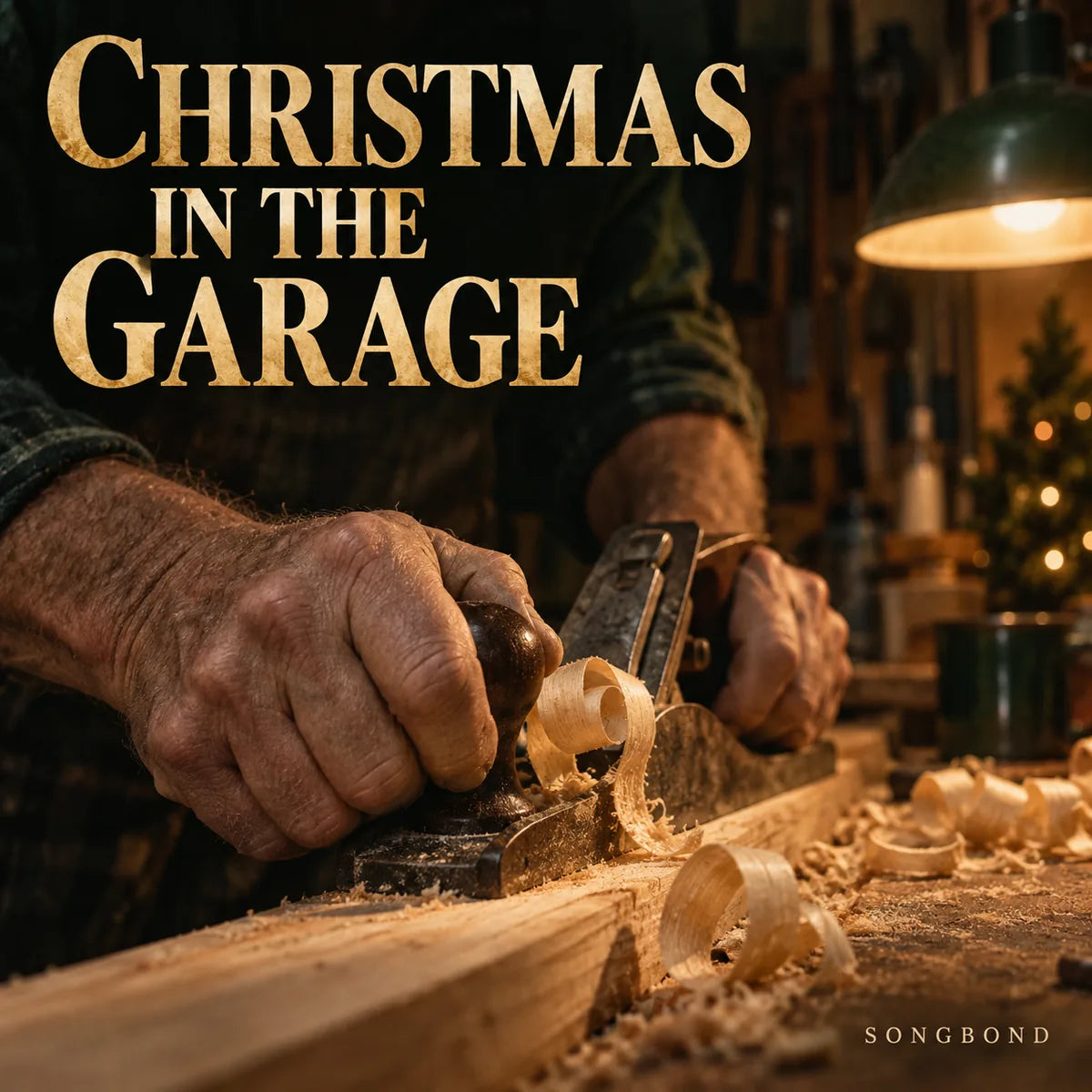 Music single cover for Christmas in the Garage by Songbond, showing work-worn hands planing wood under a workshop lamp.