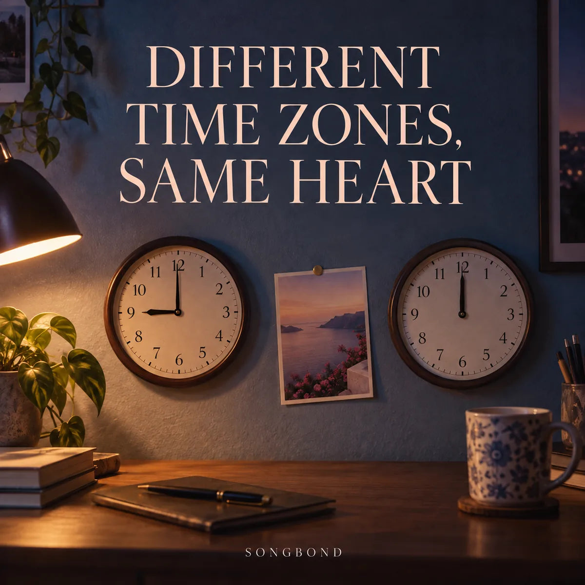 Music single cover for Different Time Zones, Same Heart by Songbond, showing two desk-side wall clocks and a postcard under a large serif title.