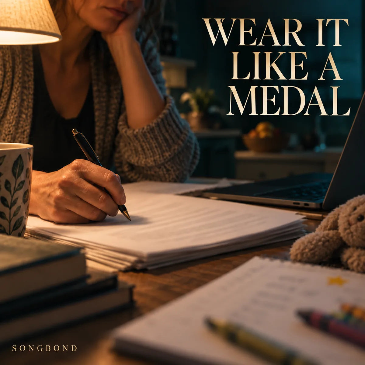Music single cover for Wear It Like a Medal by Songbond, showing an adult writing at a kitchen table under a lamp.