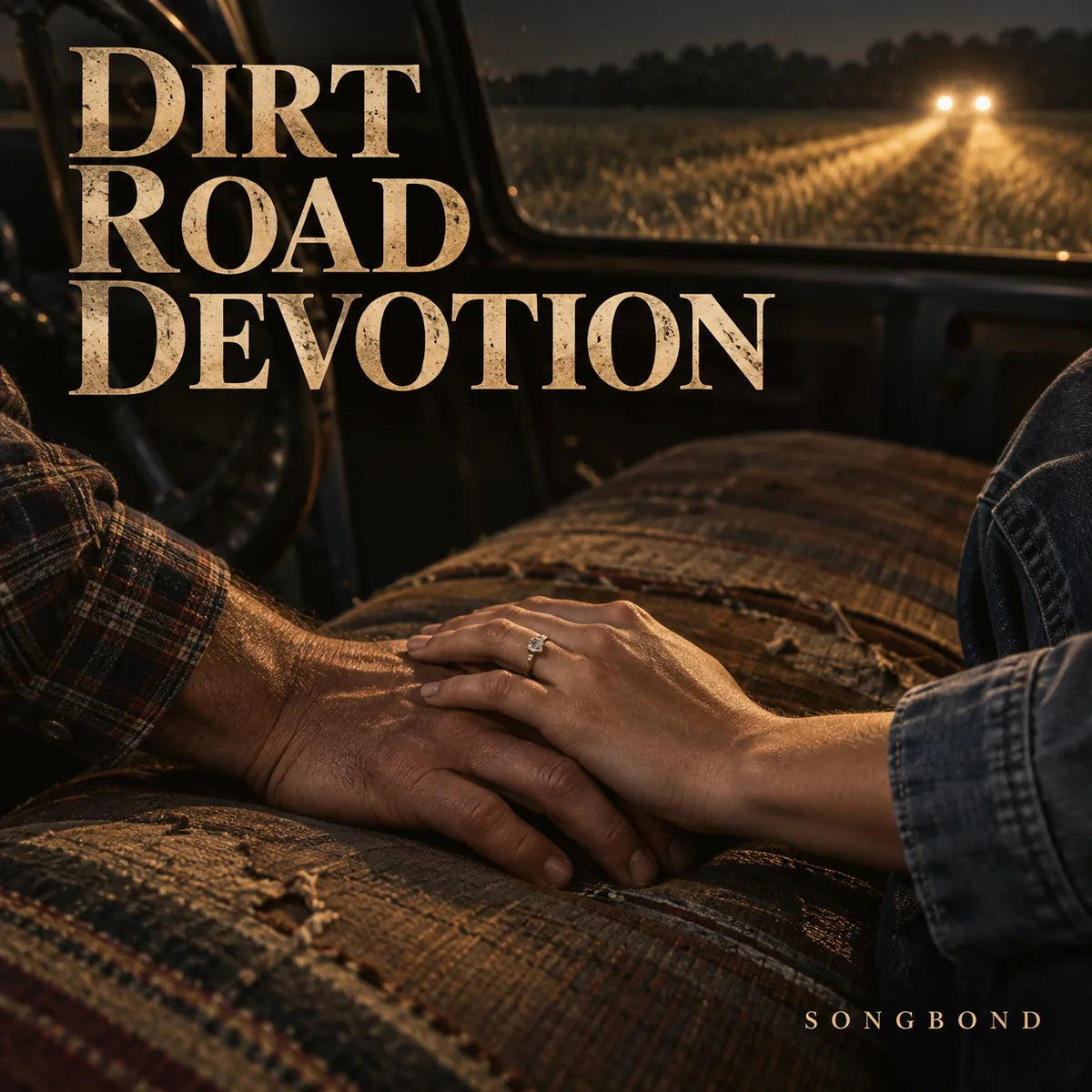 Music single cover for Dirt Road Devotion by Songbond, showing two hands resting together on a pickup truck bench seat at dusk.