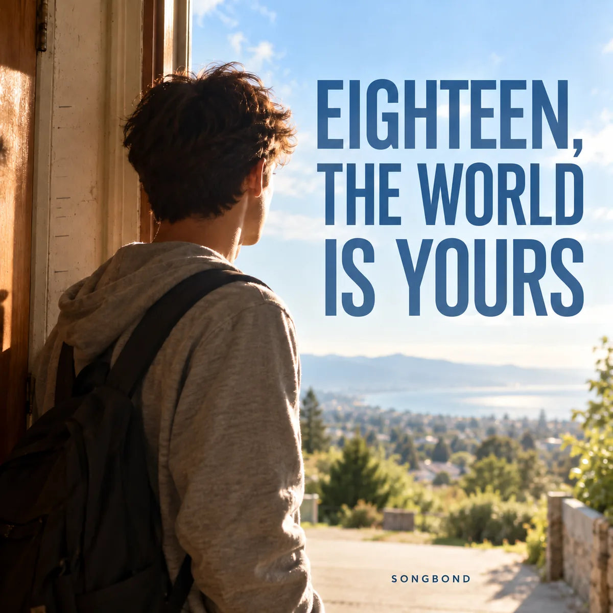 Music single cover for Eighteen, the World Is Yours by Songbond, showing a young adult facing daylight from a familiar doorway.