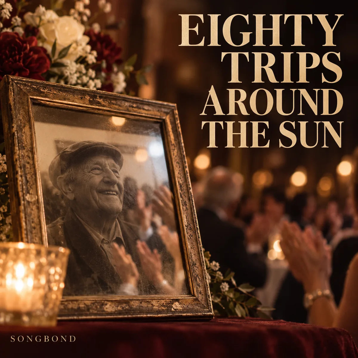 Music single cover for Eighty Trips Around the Sun by Songbond, showing a framed older man's photograph reflecting clapping hands at a gathering.
