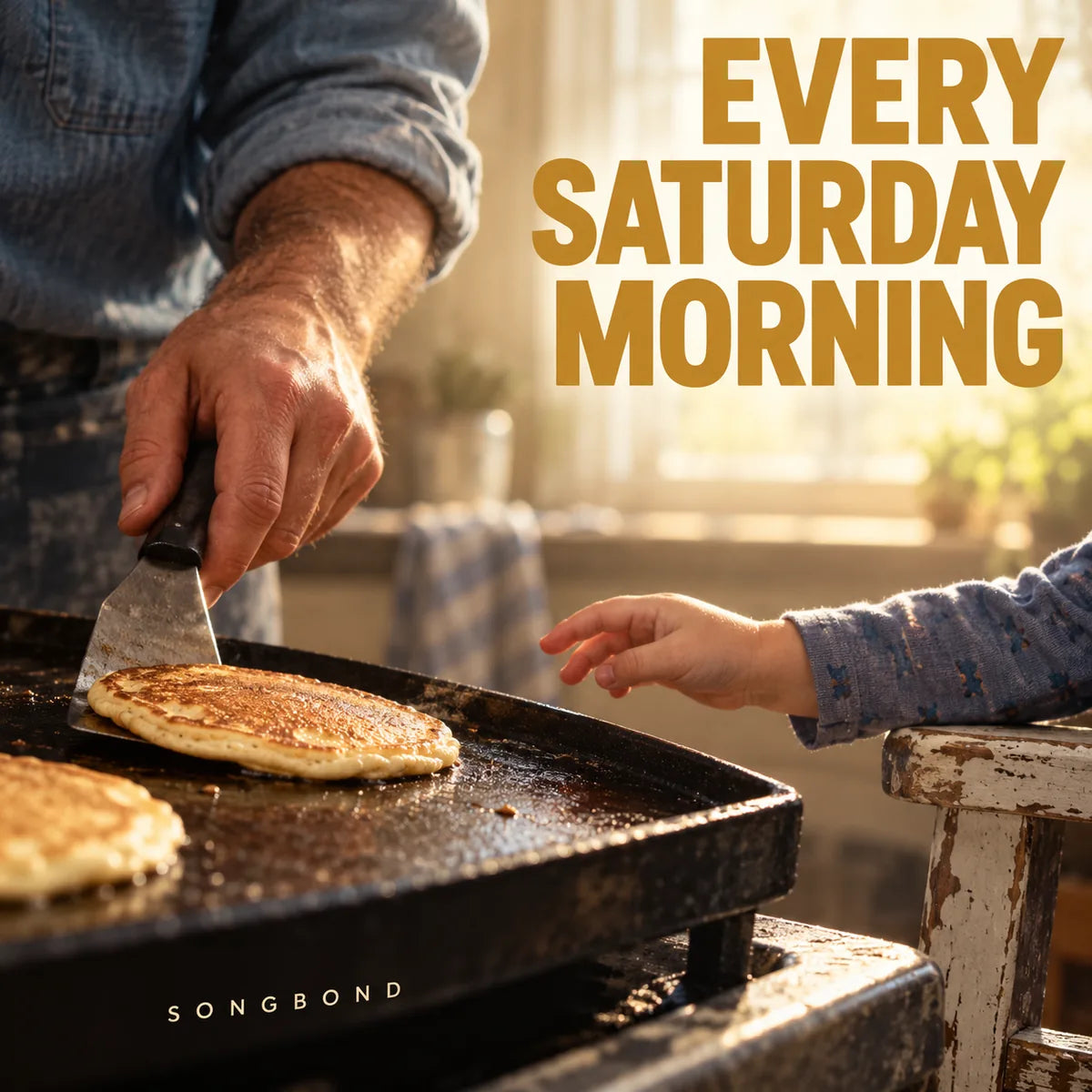 Music single cover for Every Saturday Morning by Songbond, showing an adult making pancakes with a small child's hand nearby.