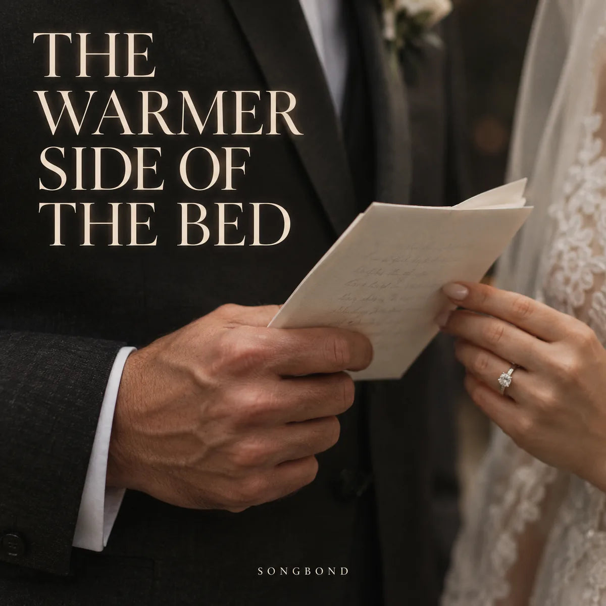 Music single cover for The Warmer Side of the Bed by Songbond, showing a bride and groom's cropped hands holding a folded vow paper.