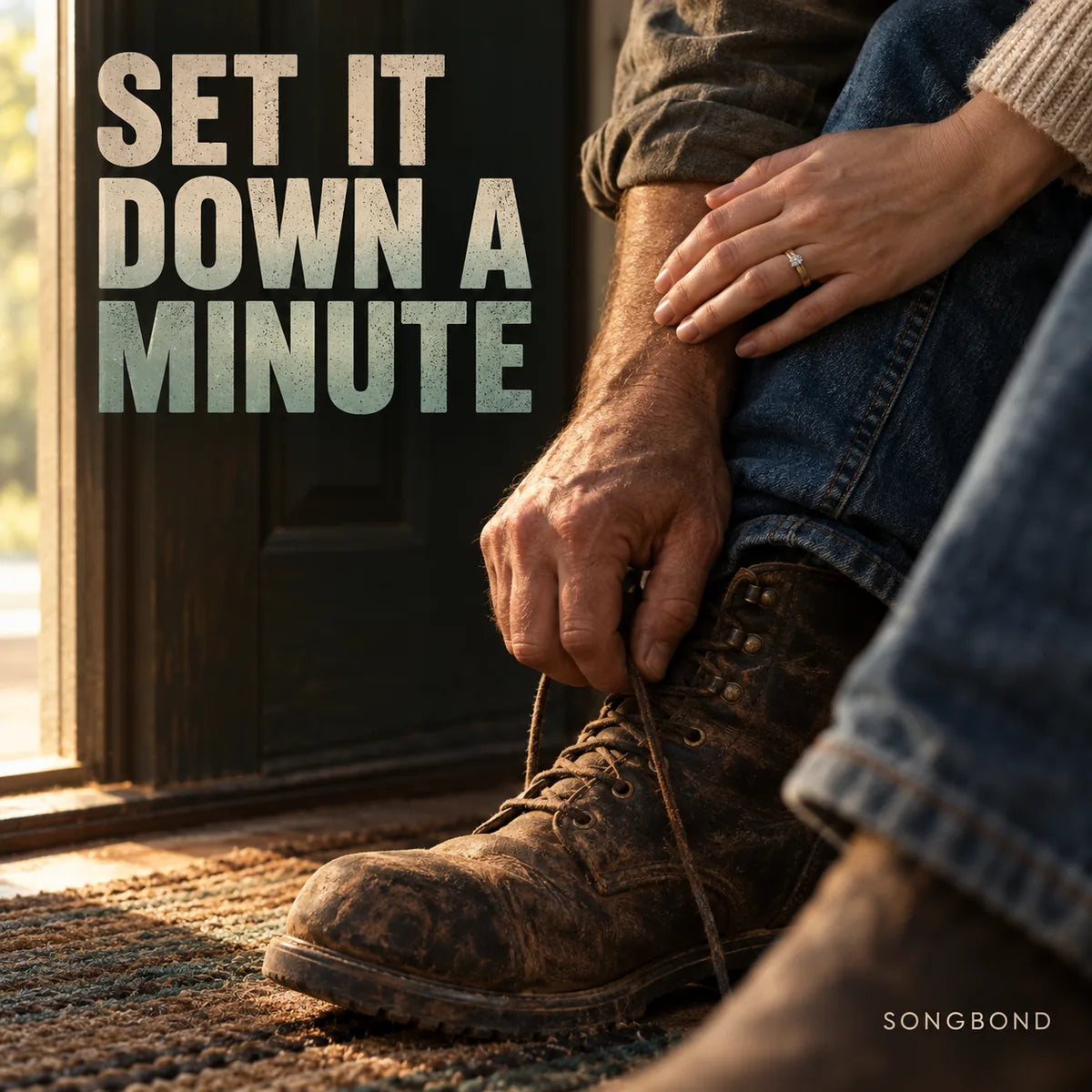 Music single cover for Set It Down a Minute by Songbond, showing a hand untying a worn work boot while another hand rests supportively on the wrist.