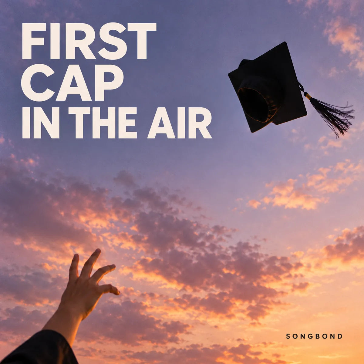 Music single cover for First Cap in the Air by Songbond, showing a graduation cap tossed into a lavender-and-gold evening sky.