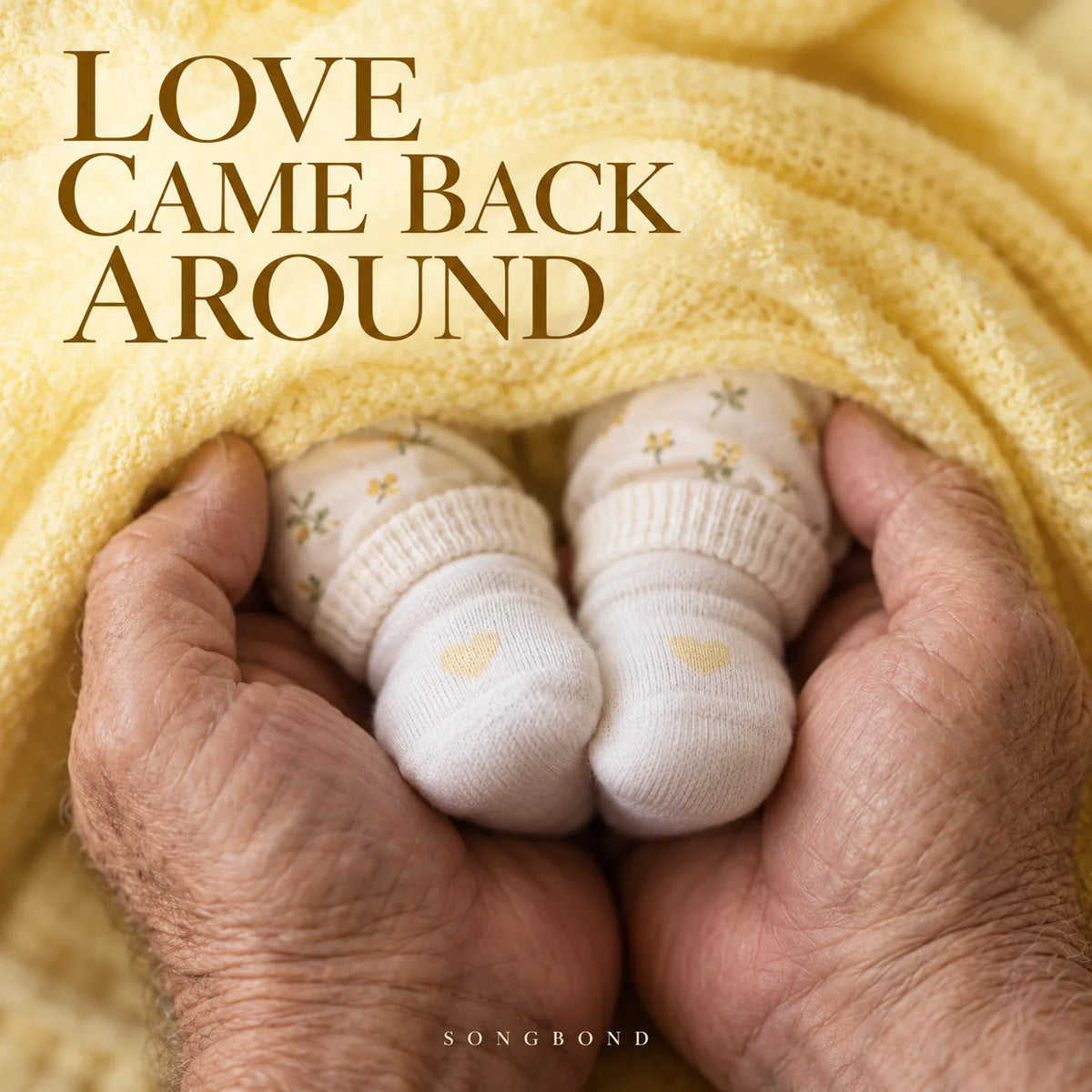 Music single cover for Love Came Back Around by Songbond, showing older hands cradling tiny socked feet in a yellow blanket.