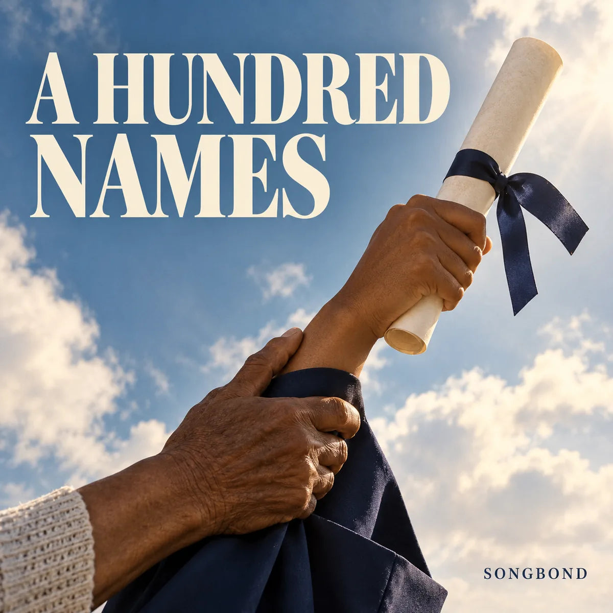 Music single cover for A Hundred Names by Songbond, showing a graduate raising a diploma while an older hand supports the wrist.