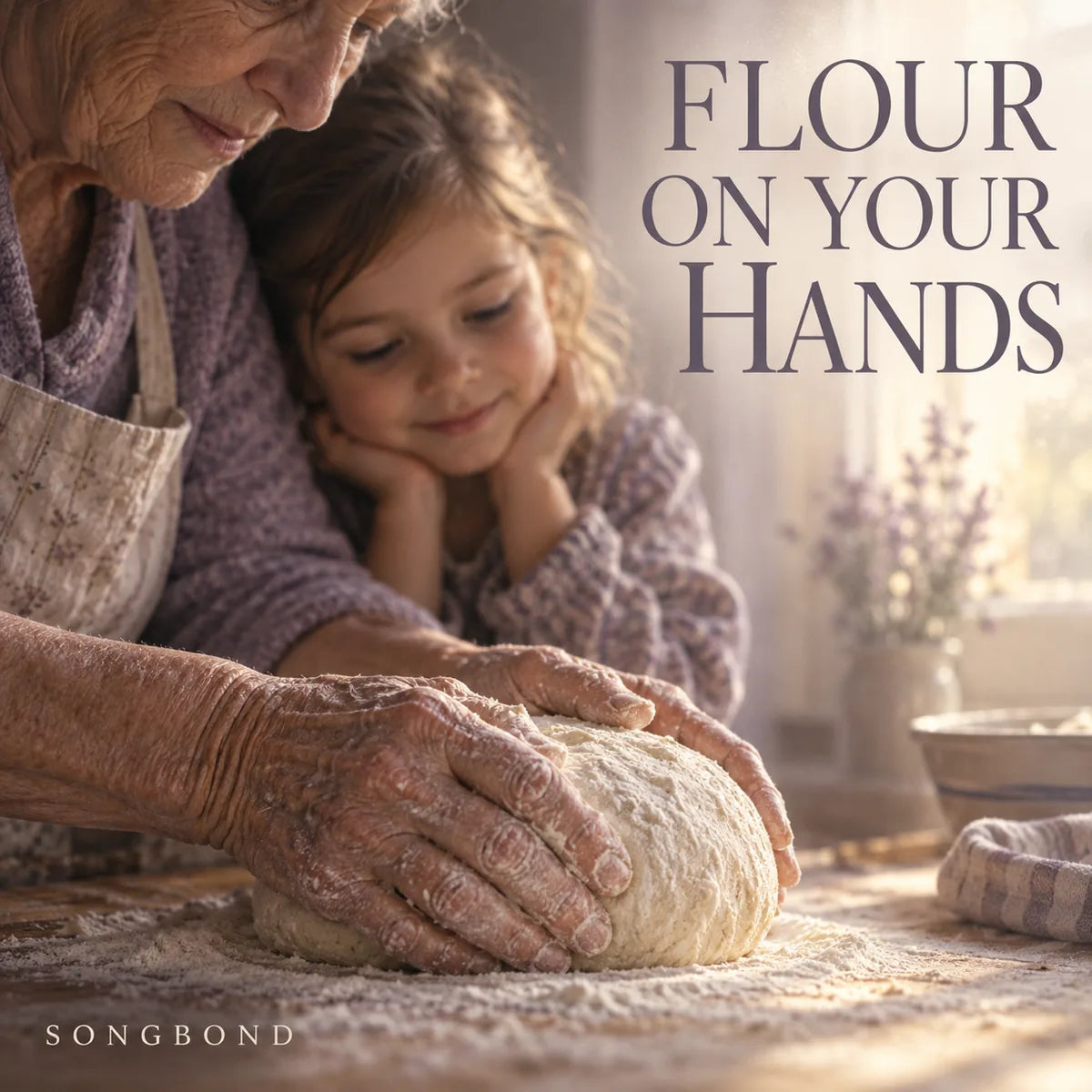 Music single cover for Flour On Your Hands by Songbond, showing an older woman shaping bread dough while a child watches.