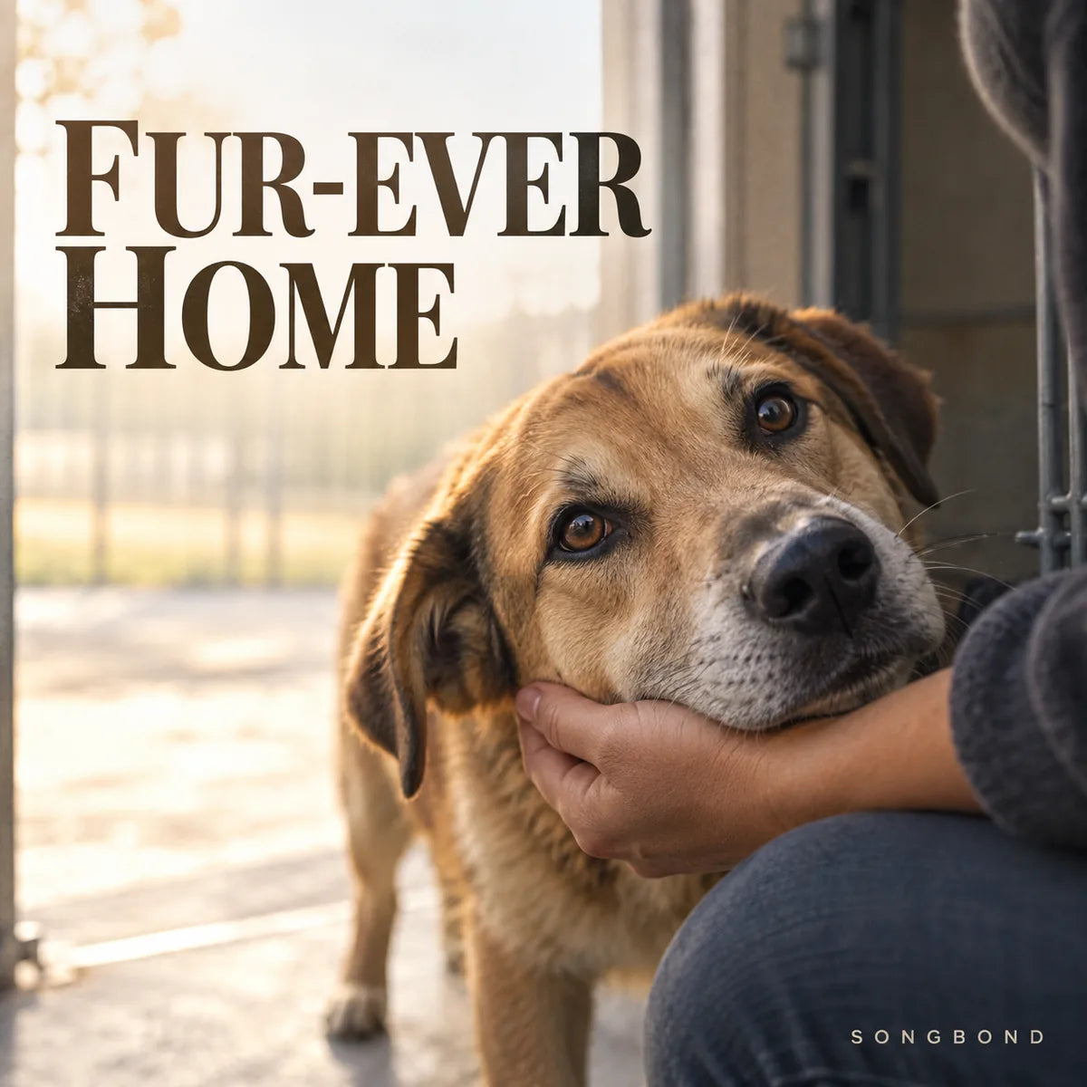 Music single cover for Fur-ever Home by Songbond, showing a rescue dog resting its face in an adult's hand beside an open shelter door.