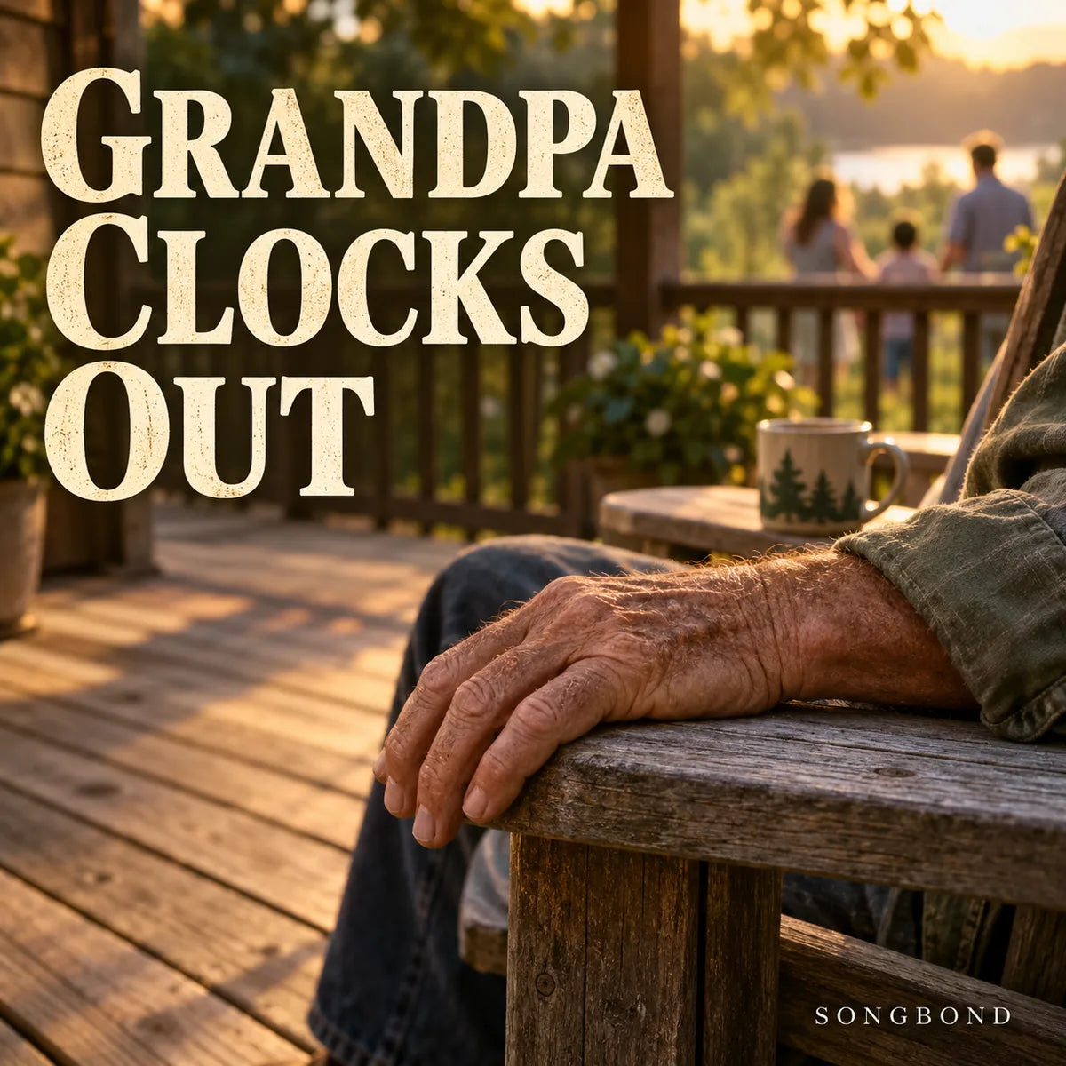 Music single cover for Grandpa Clocks Out by Songbond, showing an older hand resting on a wooden chair arm on a family deck.
