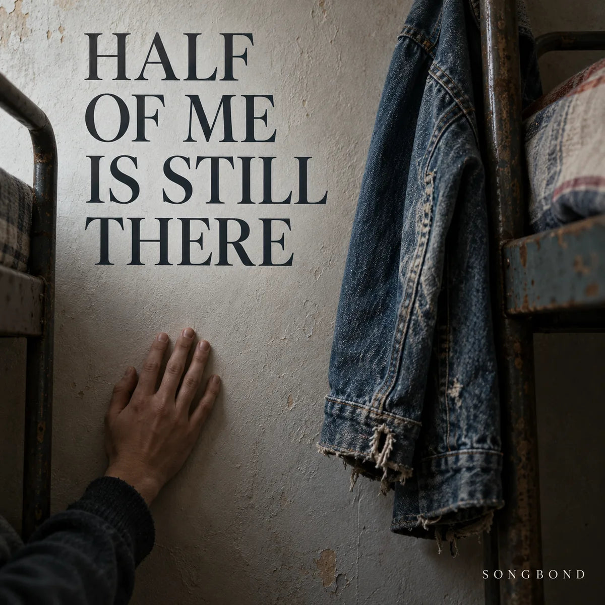 Music single cover for Half of Me Is Still There by Songbond, showing a hand against a childhood-bedroom wall beside a frayed jacket and bunk bed.