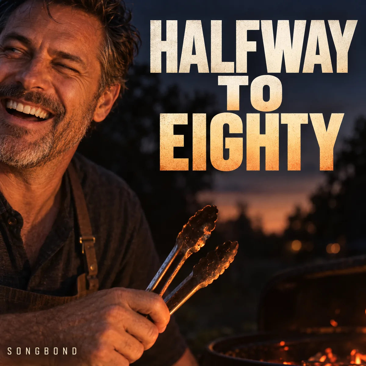 Music single cover for Halfway To Eighty by Songbond, showing a laughing adult with barbecue tongs in warm charcoal light.