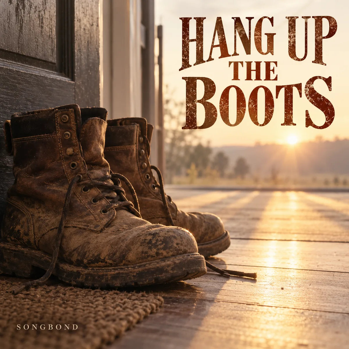 Music single cover for Hang Up the Boots by Songbond, showing worn unlaced work boots beside a doorway at sunrise.