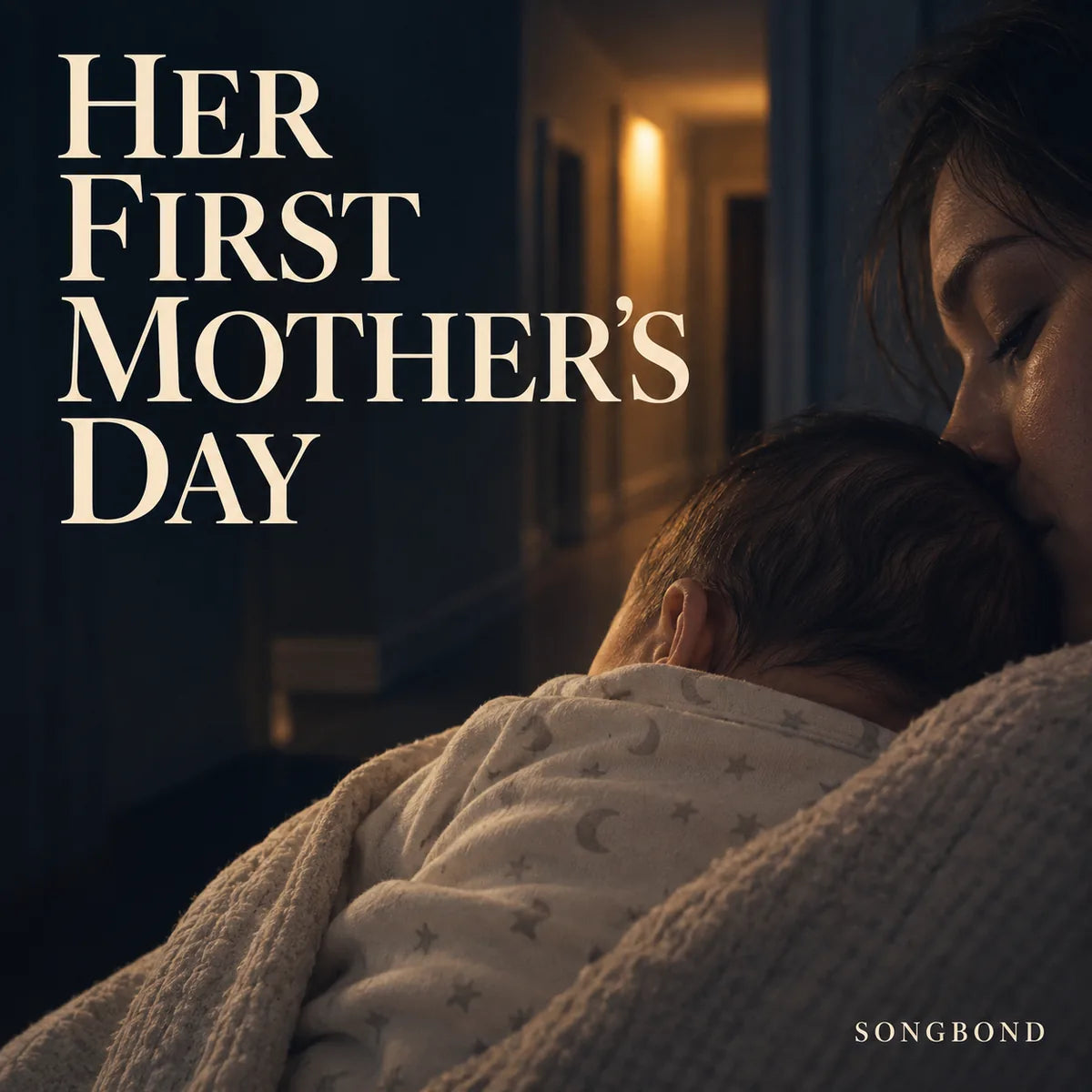 Music single cover for Her First Mother's Day by Songbond, showing a new mother holding a sleeping baby in dim hallway light.
