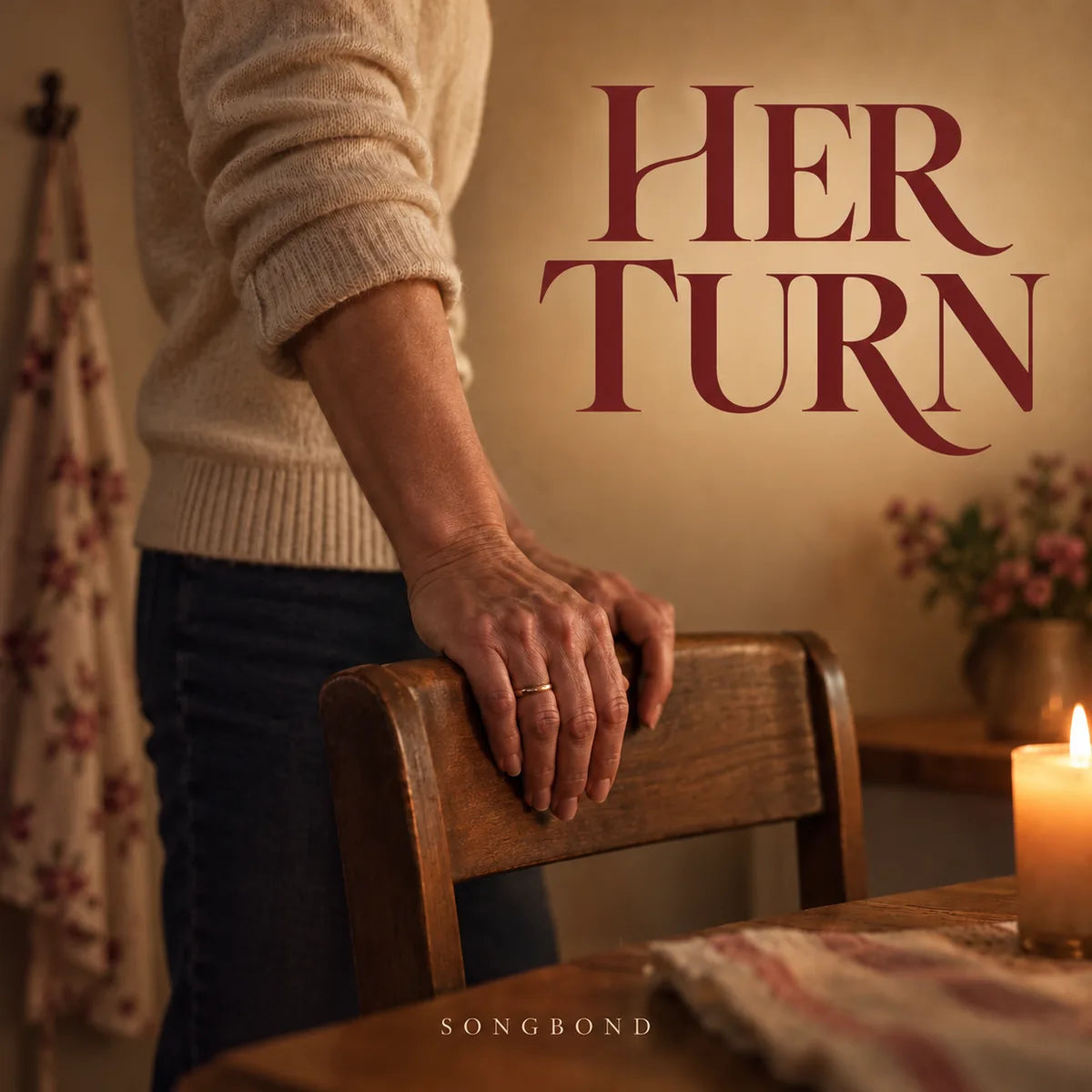 Music single cover for Her Turn by Songbond, showing a mother's hands resting on a kitchen chair with her apron hanging behind her.