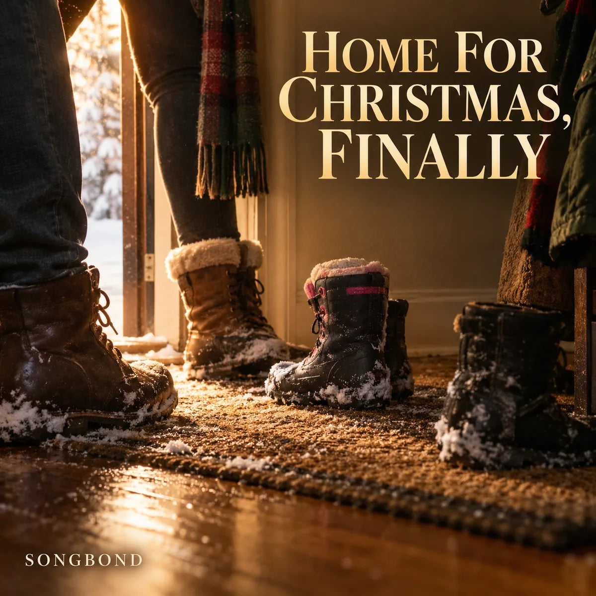Music single cover for Home for Christmas, Finally by Songbond, showing snow-wet family boots on a warmly lit entry mat.