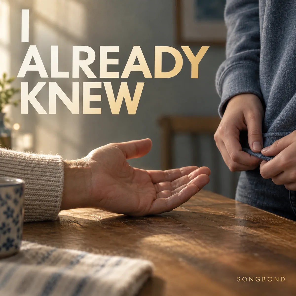 Music single cover for I Already Knew by Songbond, showing an open reassuring hand beside nervous fingers holding a shirt hem.