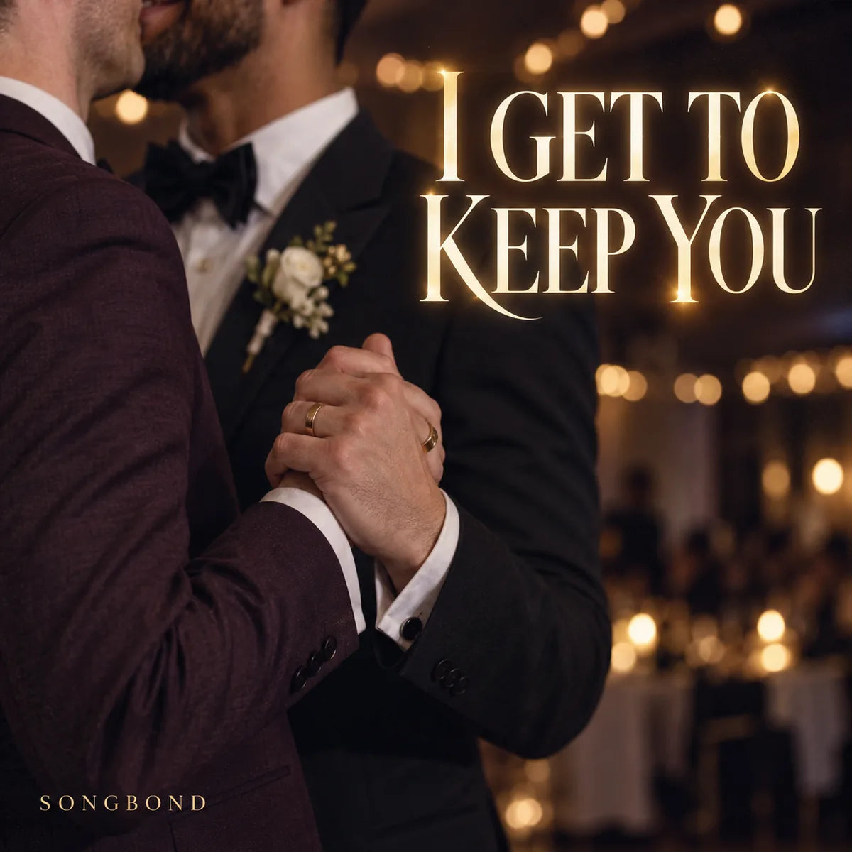 Music single cover for I Get to Keep You by Songbond, showing two adult newlyweds holding hands during a slow dance under reception lights.