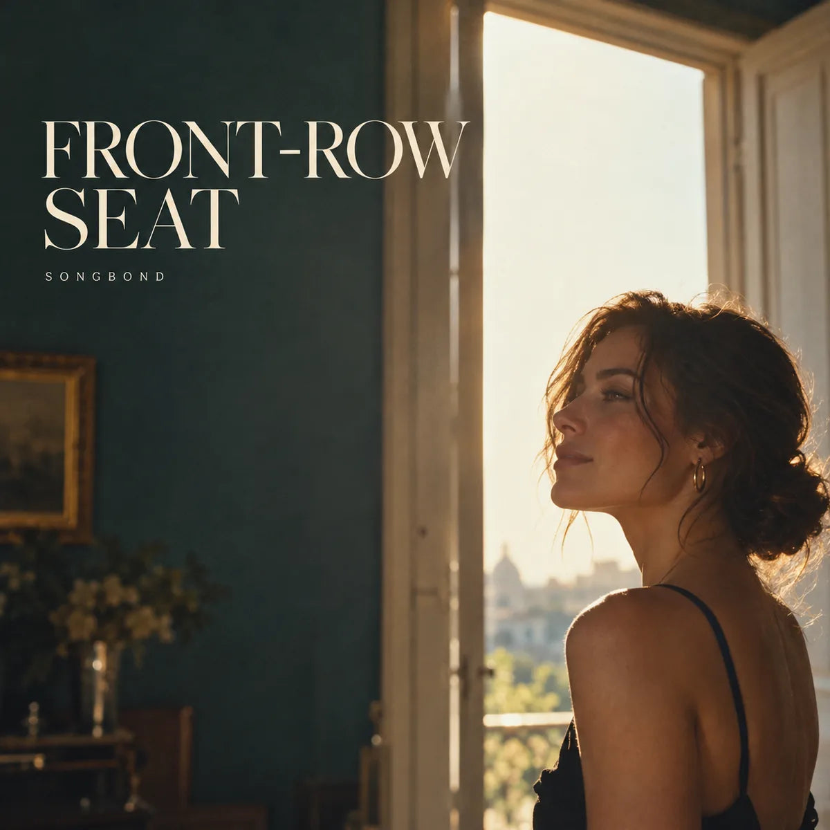 Music cover for Front-Row Seat by Songbond, with a confident woman in profile beside a sunlit doorway and cream lettering against a deep teal wall.