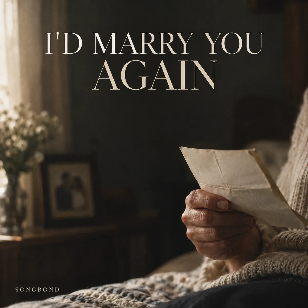 Music cover for I'd Marry You Again by Songbond, with a mature hand holding folded paper in warm dim light beneath the cream title.