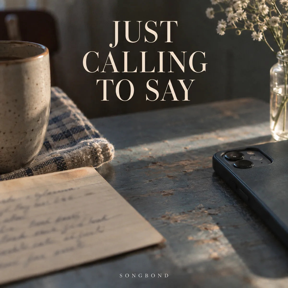 Music cover for Just Calling to Say by Songbond, with a face-down phone and softly blurred handwritten recipe card on a worn blue table beneath cream lettering.