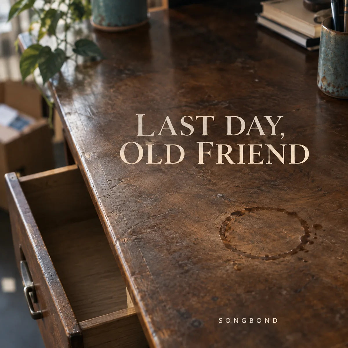 Music cover for Last Day, Old Friend by Songbond, with an empty desk drawer and a worn coffee-ring mark in warm wood beneath the title.