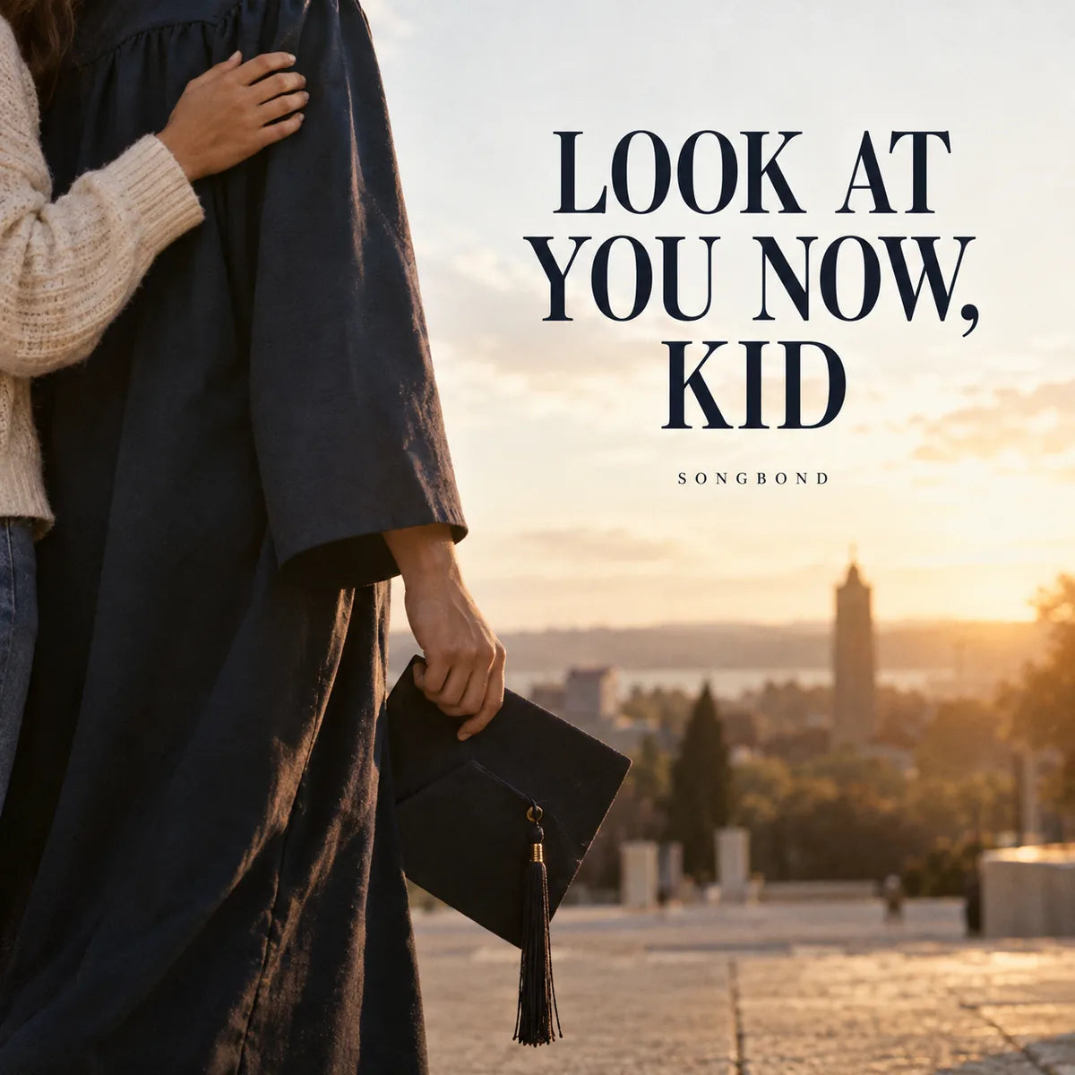 Music cover for Look at You Now, Kid by Songbond, with a cropped graduate holding a cap and a sibling's hand on their shoulder, framed against warm open sky.