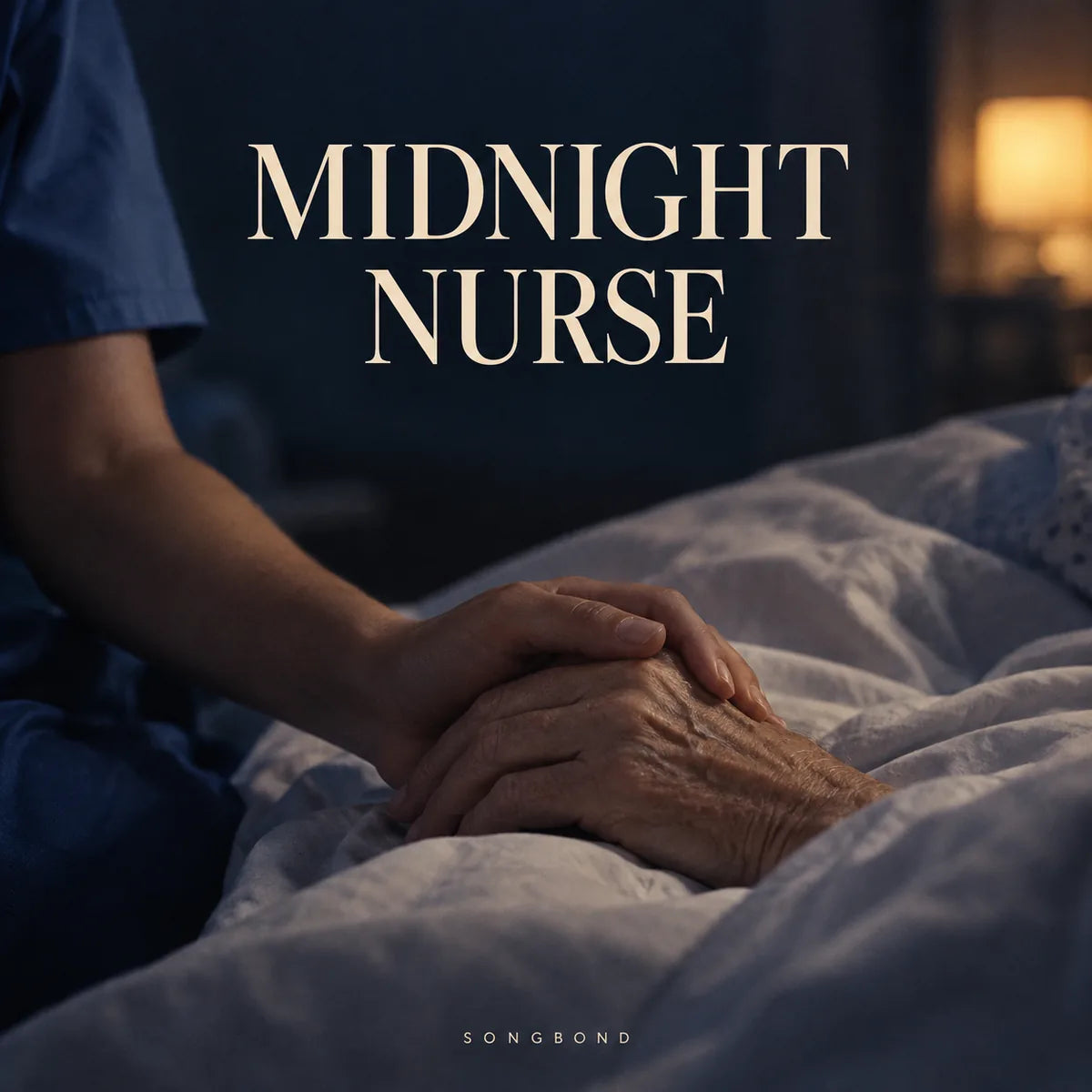 Music cover for Midnight Nurse by Songbond, with a nurse's hand resting over a patient's hand on pale bed linen beneath cream type in a dark blue room.