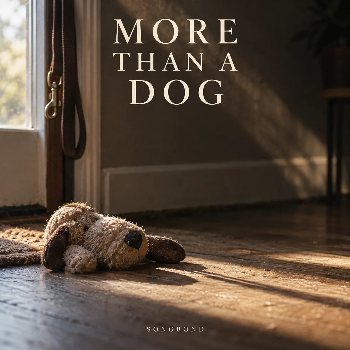 Music cover for More Than a Dog by Songbond, with a worn plush dog toy on a wooden floor and a leash hanging by a sunlit doorway beneath the title.