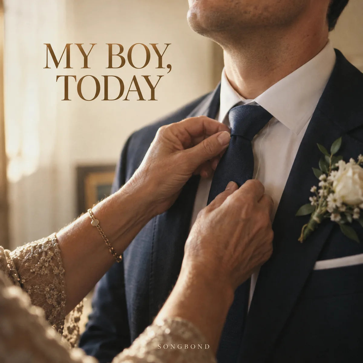 Music cover for My Boy, Today by Songbond, with a mother's hands straightening her grown son's navy wedding tie beside warm ivory title lettering.