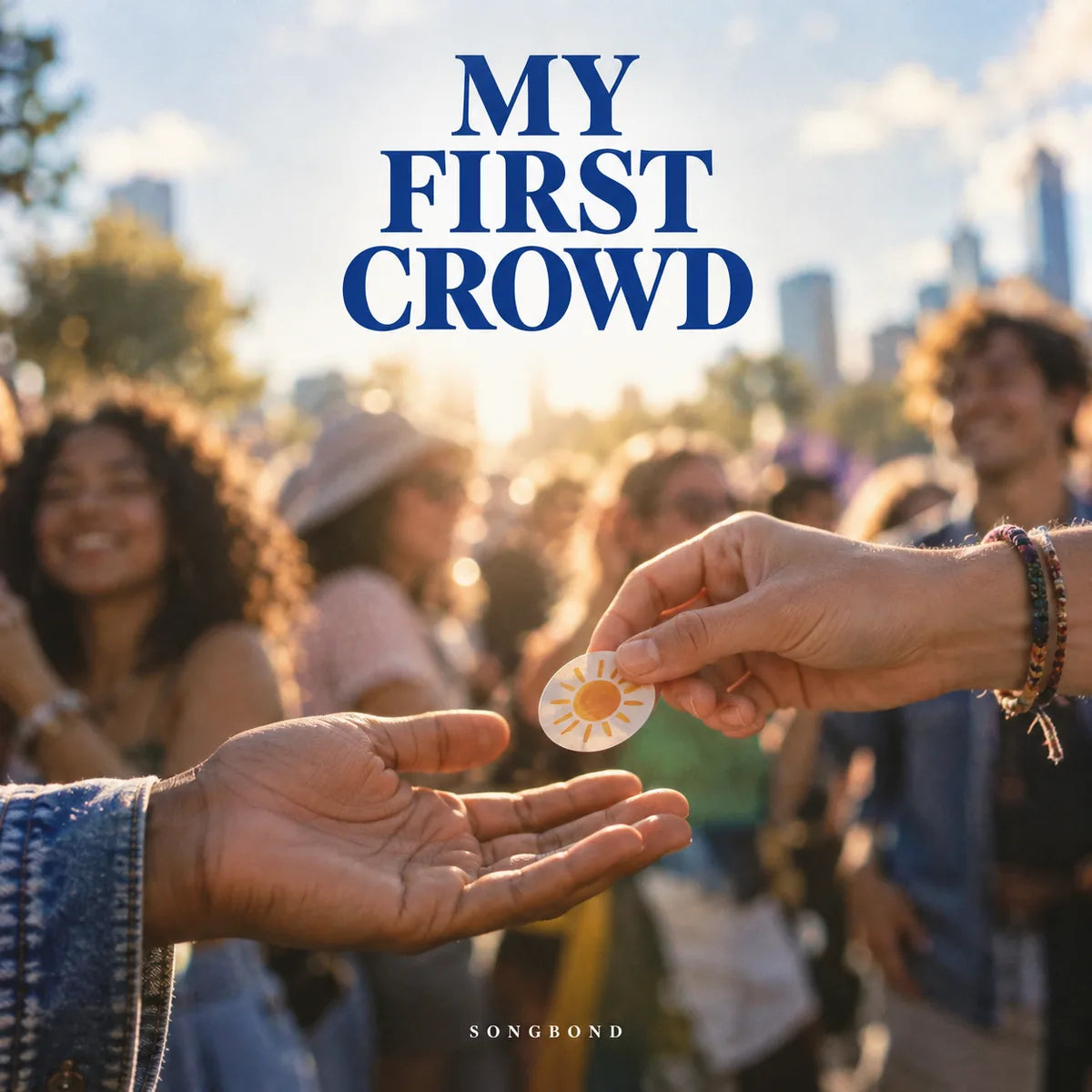 Music cover for My First Crowd by Songbond, with an open hand receiving a sun-pattern sticker amid a softly blurred sunlit street crowd under a blue title.