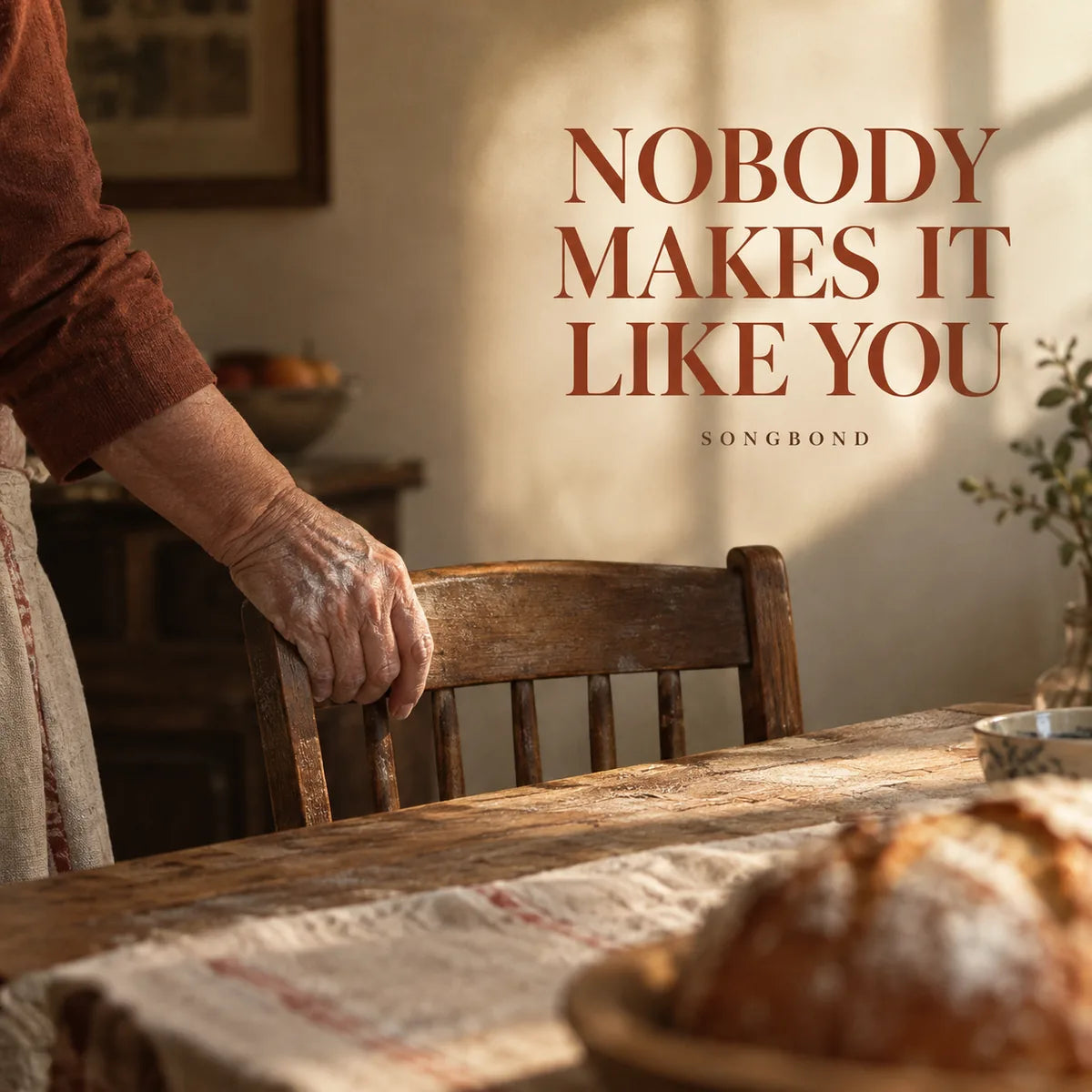 Music cover for Nobody Makes It Like You by Songbond, with an older flour-dusted hand pulling a wooden kitchen chair beside blurred bread and a rust-red title.