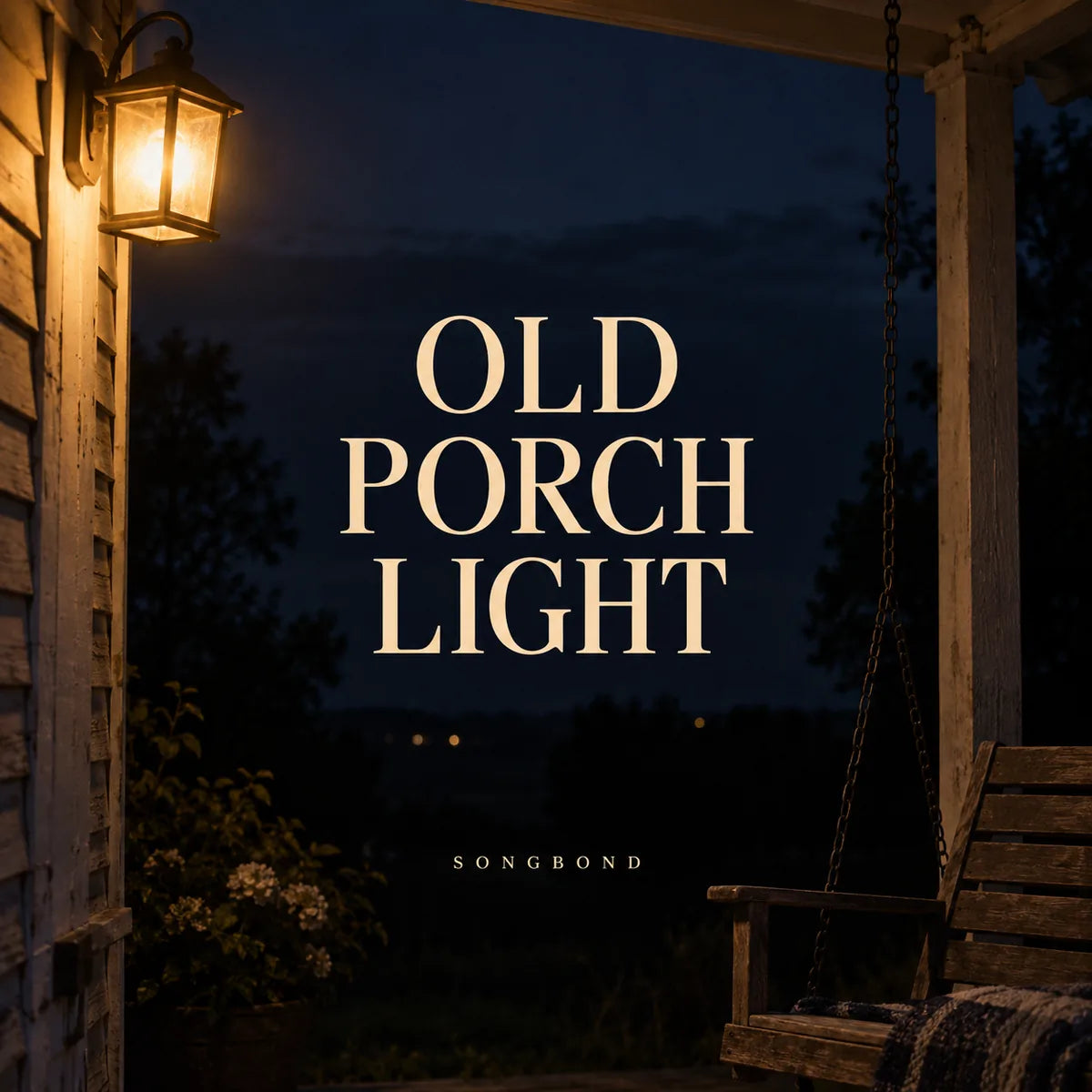 Music cover for Old Porch Light by Songbond, with a glowing porch lantern and cropped wooden swing against a deep blue evening, framing cream lettering.