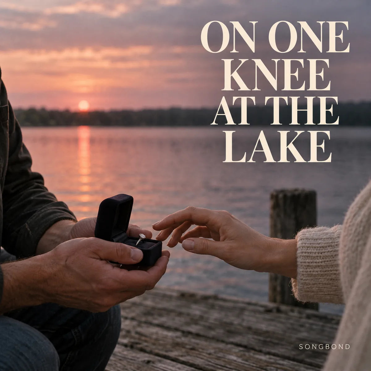 Music cover for On One Knee at the Lake by Songbond, with cropped hands and an open ring box on a wooden dock against a pink lake sunset and large cream title.