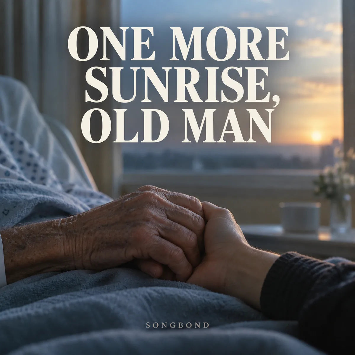 Music cover for One More Sunrise, Old Man by Songbond, with an older man's hand held by a loved one on blue bedding beside a dawn window under the cream title.