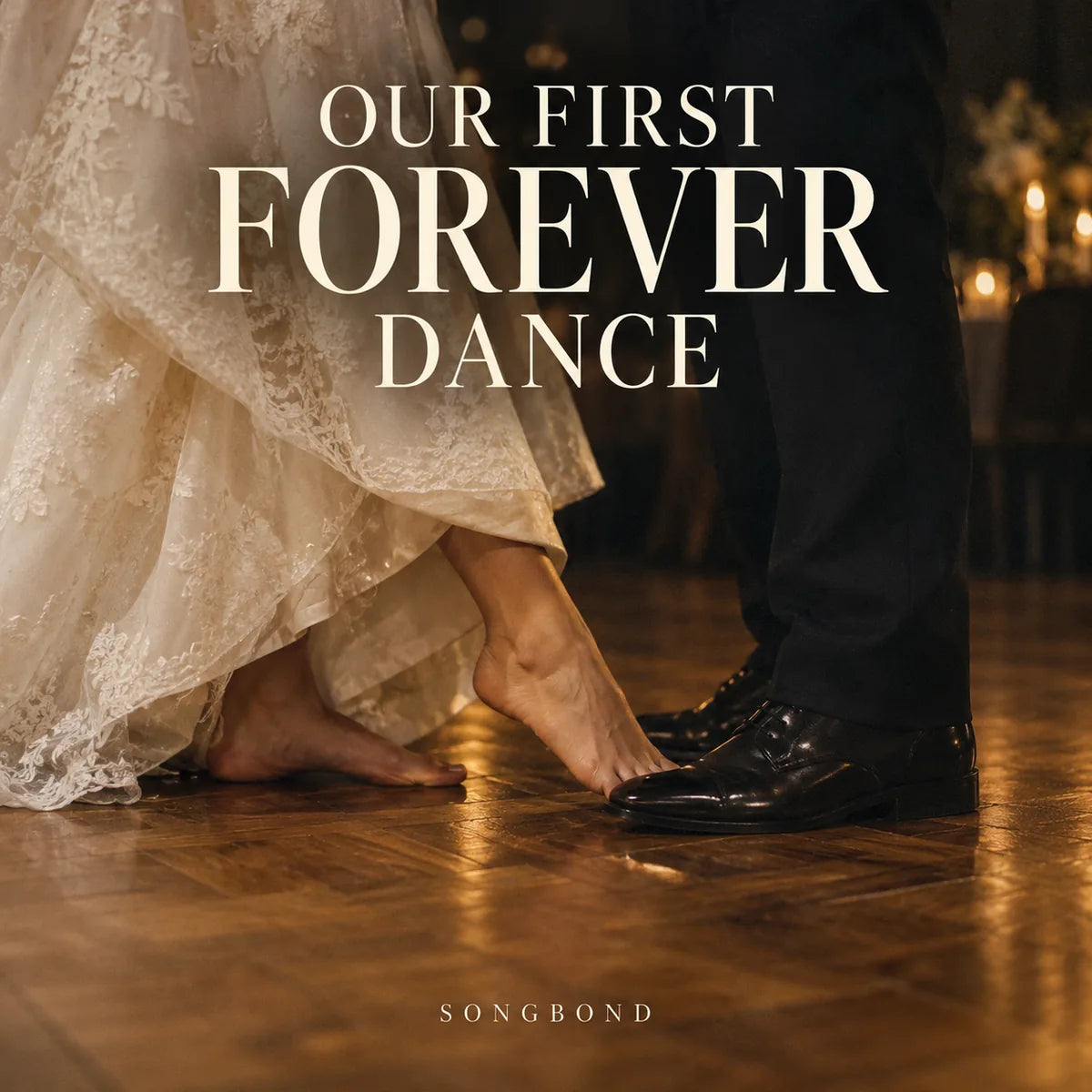 Music cover for Our First Forever Dance by Songbond, with a bride's bare feet and a partner's black shoes on a warm parquet floor under a large three-line title.