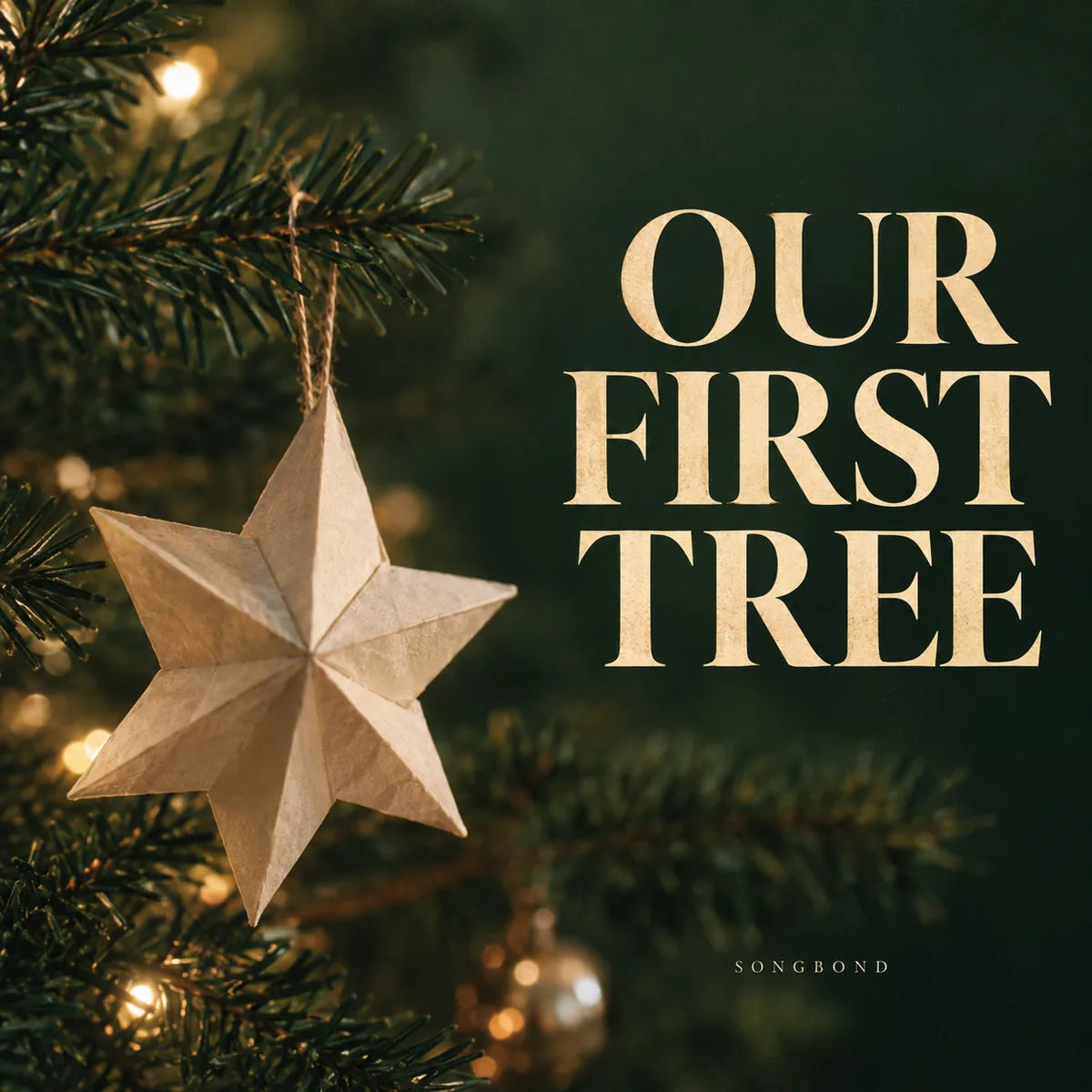 Music cover for Our First Tree by Songbond, with a folded paper star on dark green Christmas-tree branches beside large warm-cream lettering.