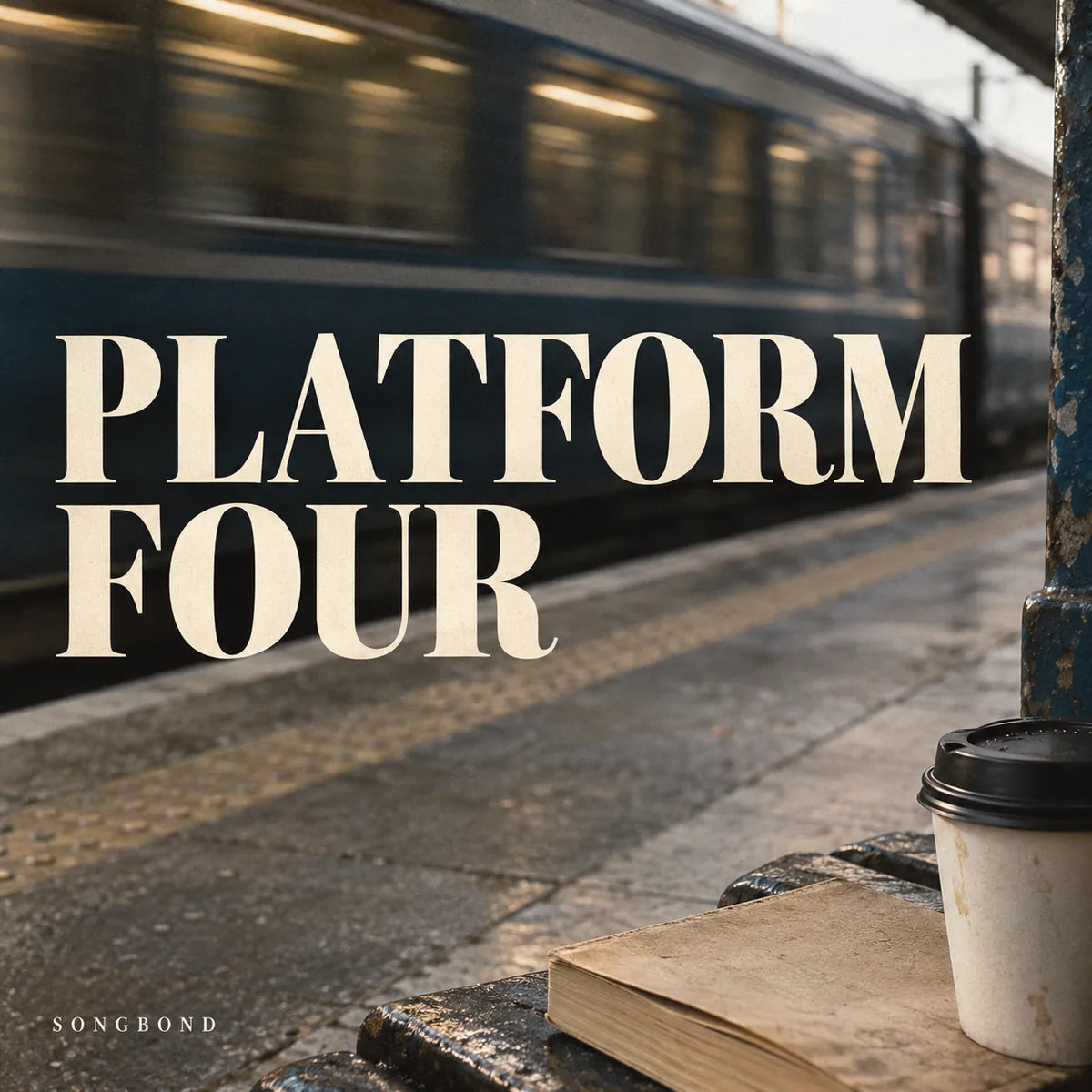 Music cover for Platform Four by Songbond, with a plain paperback and coffee cup by a station bench and a train in motion behind a bold cream title.