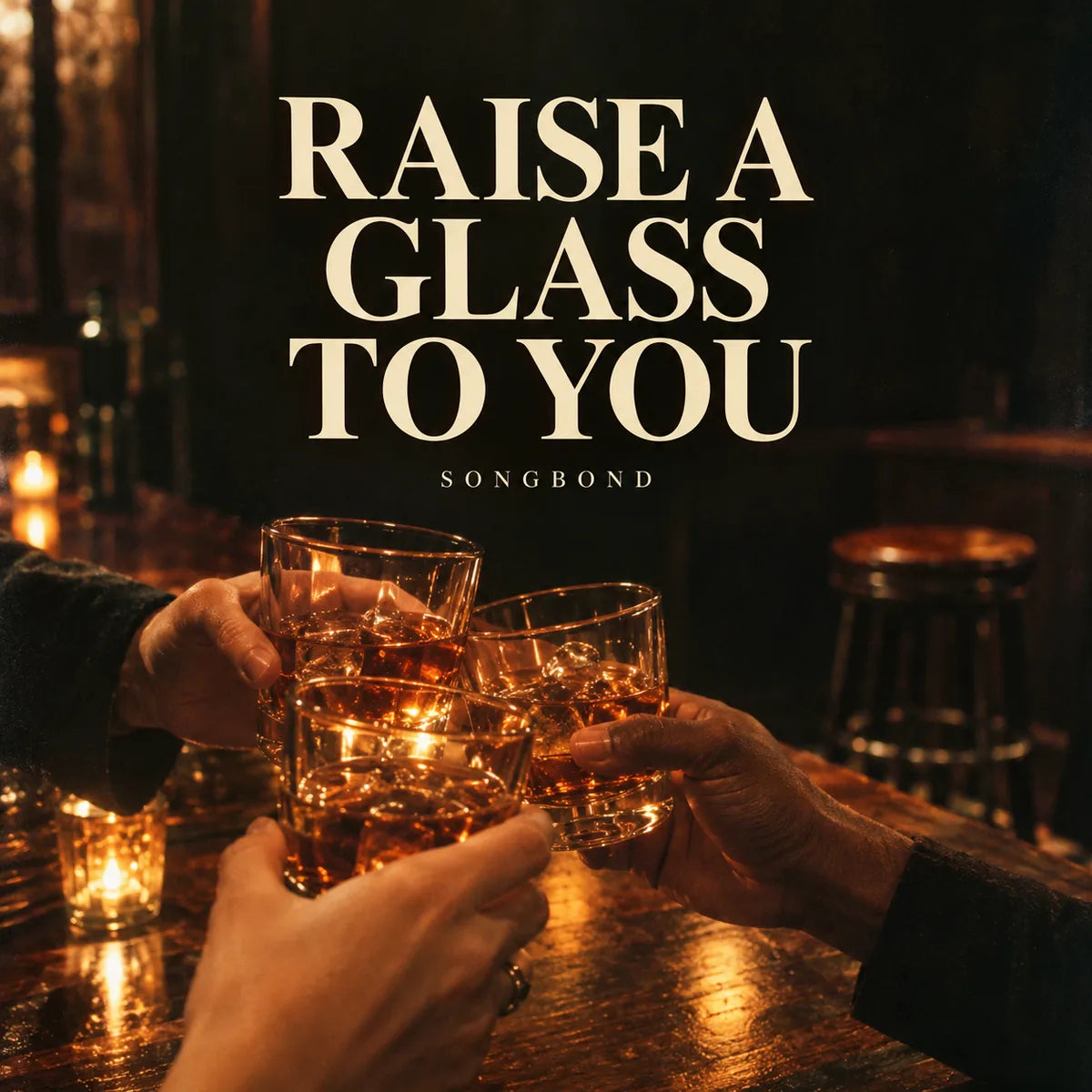 Music cover for Raise a Glass to You by Songbond, with three hands raising amber-filled glasses beside an empty bar stool under a large cream title.