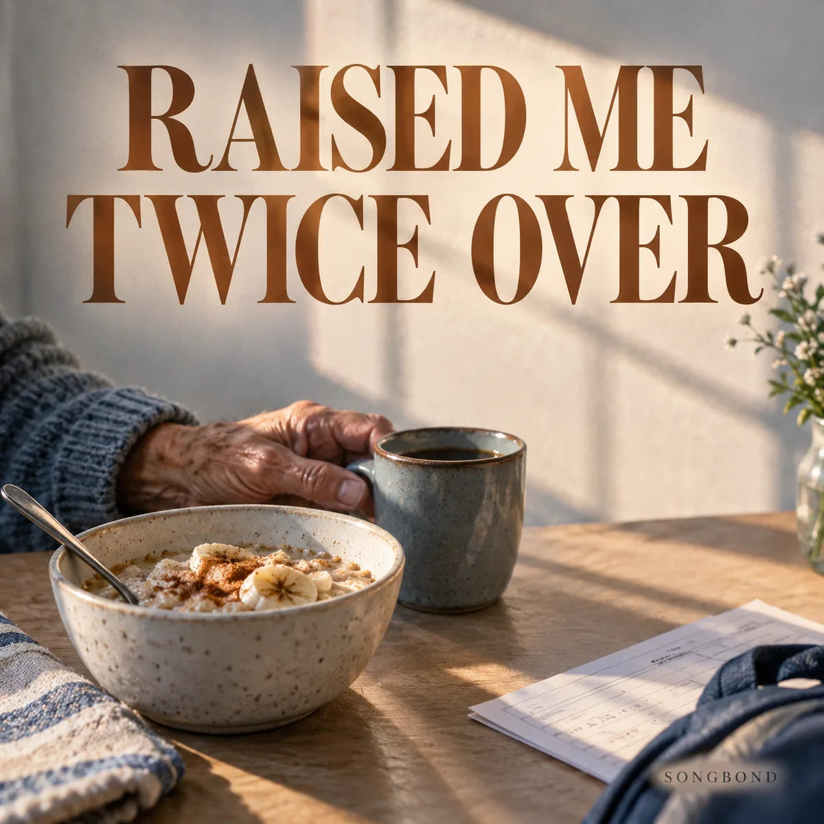 Music cover for Raised Me Twice Over by Songbond, with an older hand by a cinnamon-oatmeal bowl and mug, a softly blurred school-form edge and a bold warm-brown title.