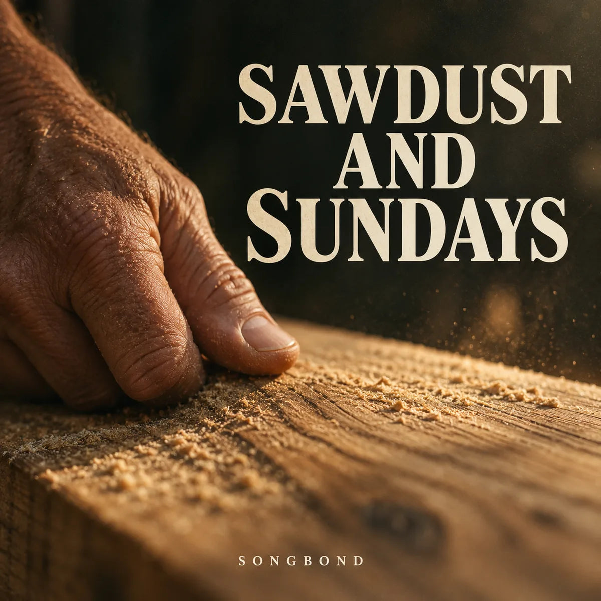 Music cover for Sawdust and Sundays by Songbond, with a mature hand touching sawdust-covered wood grain beneath cream title letters against dark green shadow.