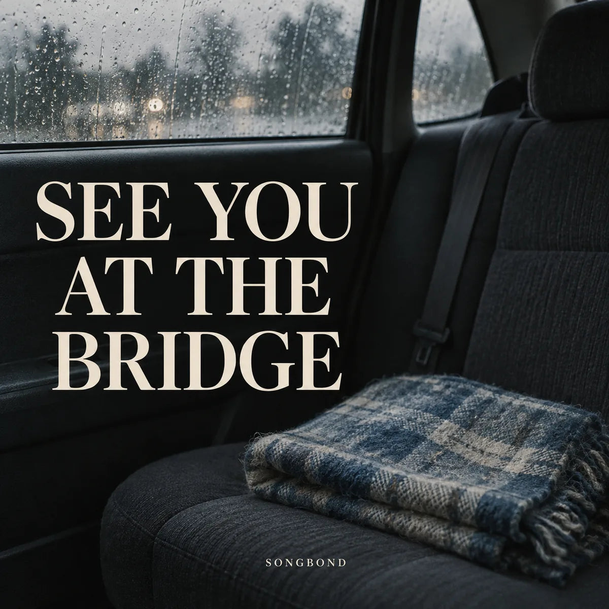 Music cover for See You at the Bridge by Songbond, with a folded blue plaid blanket on an empty car seat and rain on the window behind large cream type.