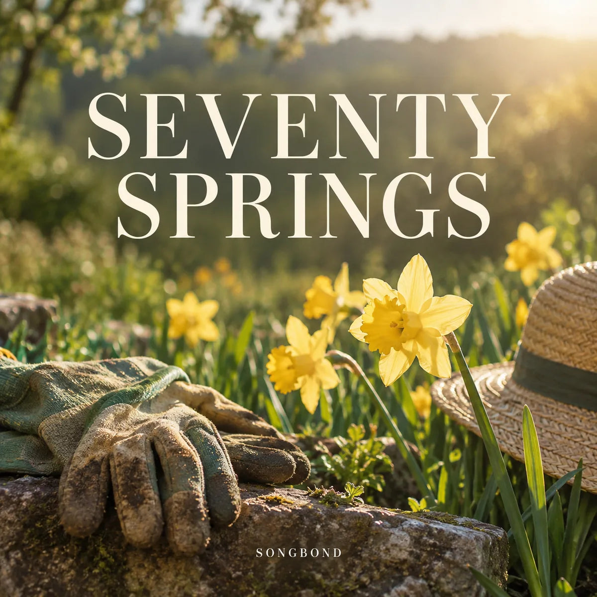 Music cover for Seventy Springs by Songbond, with worn gardening gloves, yellow daffodils and the edge of a straw hat in soft garden light beneath the title.
