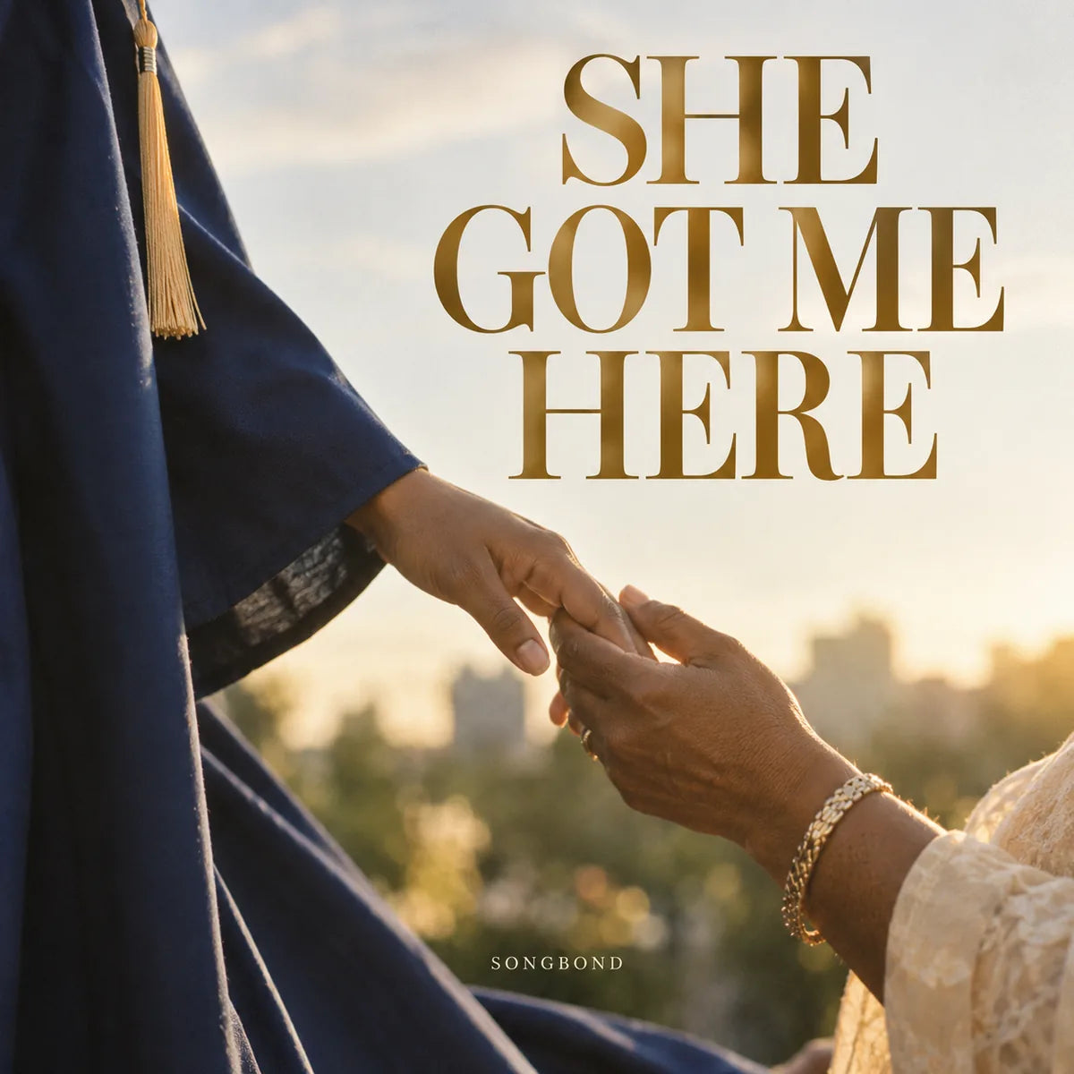 Music cover for She Got Me Here by Songbond, with a mother's hand holding her graduate child's hand beside a blue gown beneath gold-brown lettering.