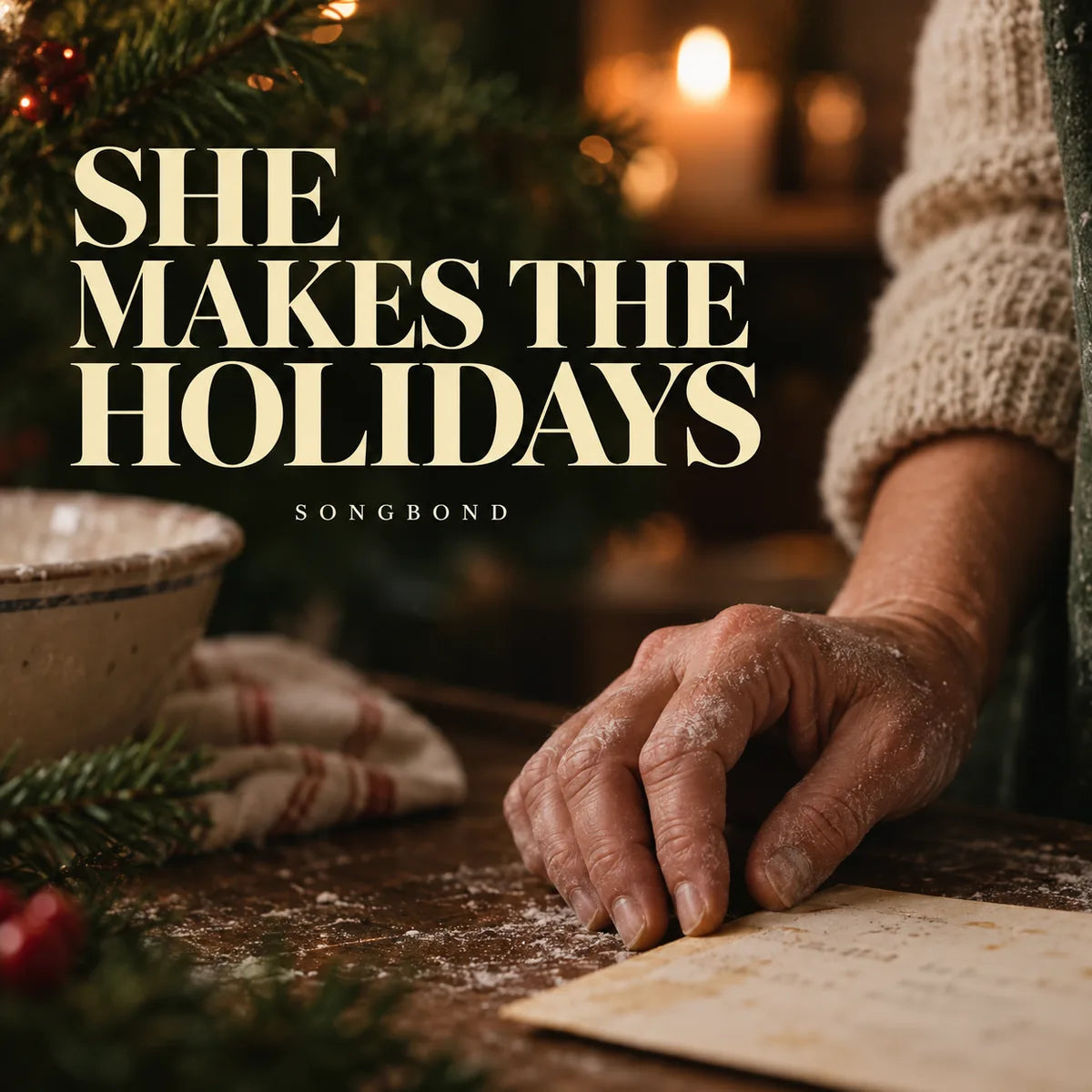 Music cover for She Makes the Holidays by Songbond, with a flour-dusted hand beside a worn recipe card, evergreen and warm candle bokeh behind cream type.